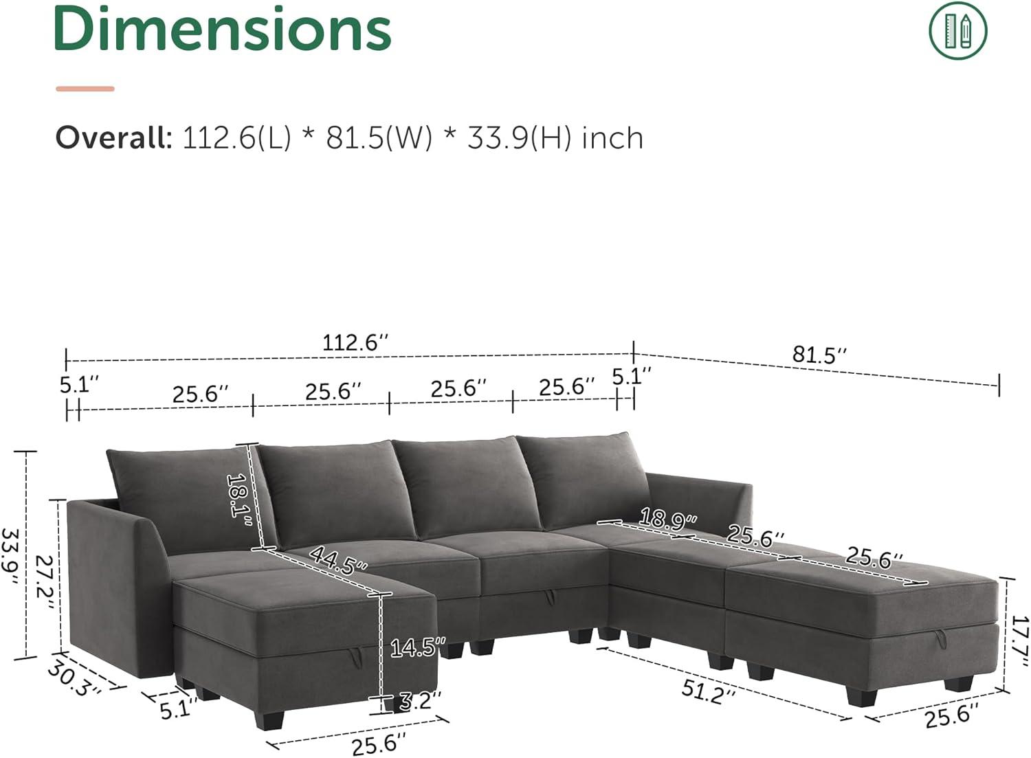 HONBAY Modern Velvet Sectional Sofa Couch with Reversible Chaise and Storage Ottomans for Living Room, Grey