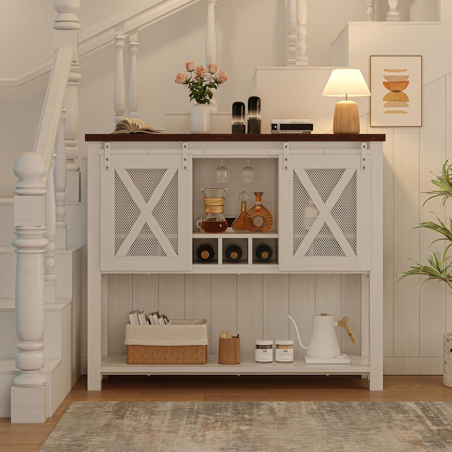 GAOMON Farmhouse Coffee Bar Cabinet with Sliding Barn Doors, Wine Rack, Stemware Holder, and Storage Shelves, Rustic Kitchen Buffet for Living Room or Hallway