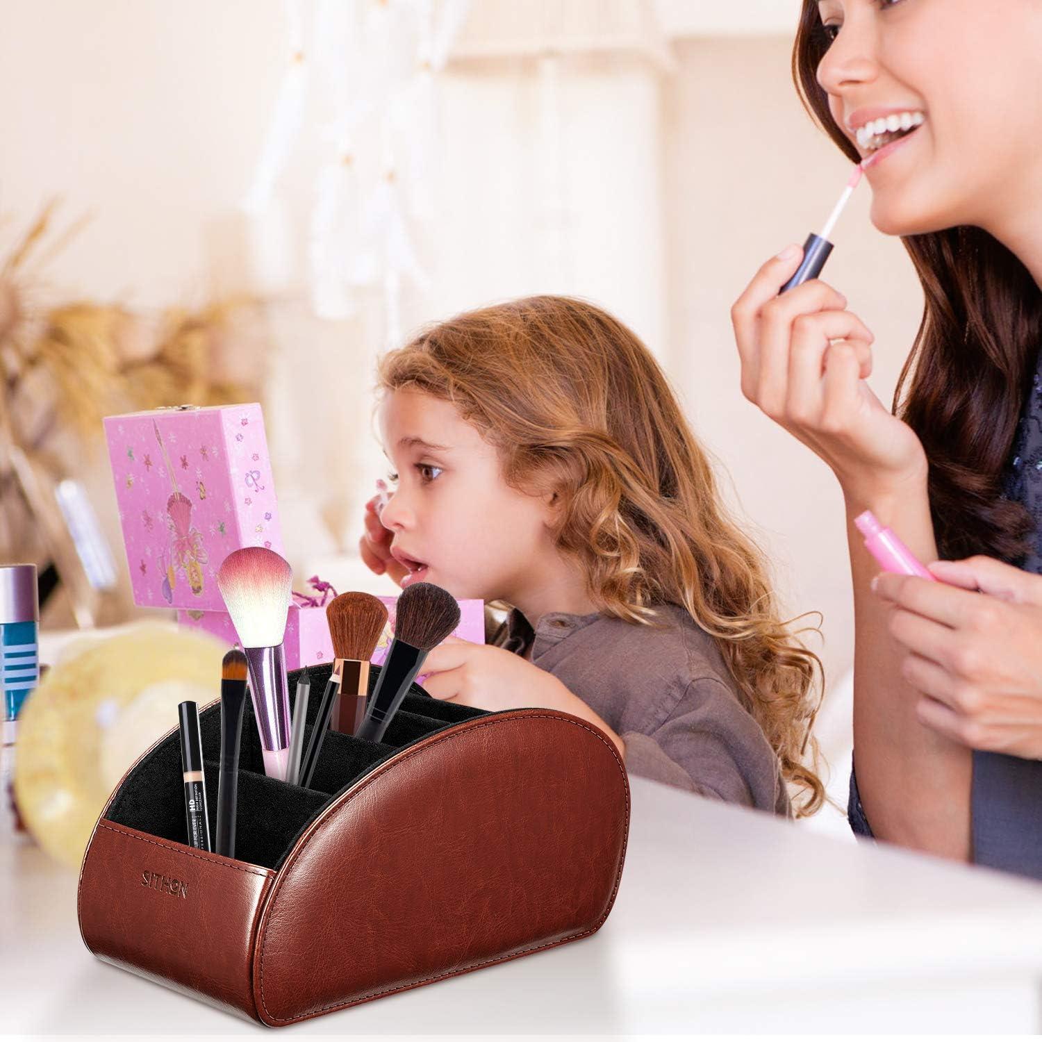 SITHON Remote Control Holder with 5 Compartments - PU Leather Remote Caddy Desktop Organizer, Brown