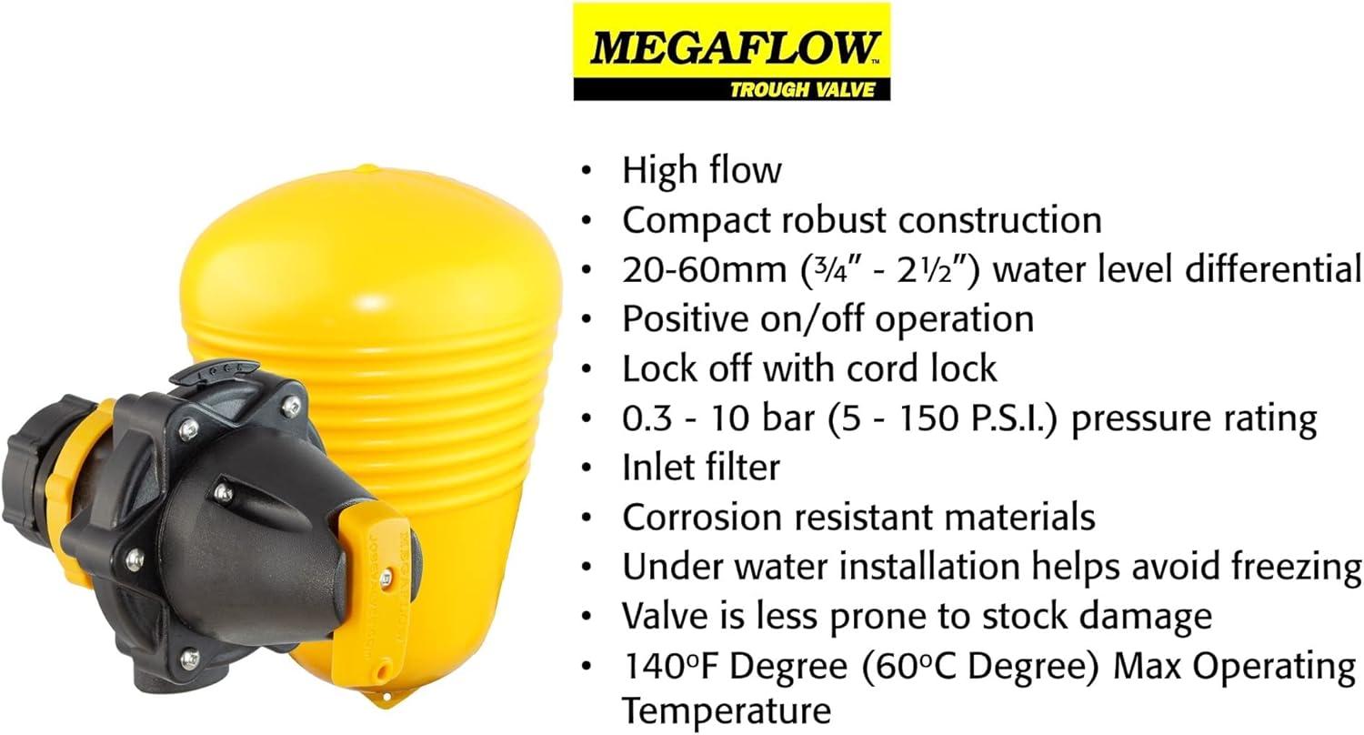 Jobe Valves J-MFV0100DLT Megaflow Trough Valve, 200L/Min, 150PSI, Detach Base, Long Tail, 1" NPT Inlet, Yellow/Black