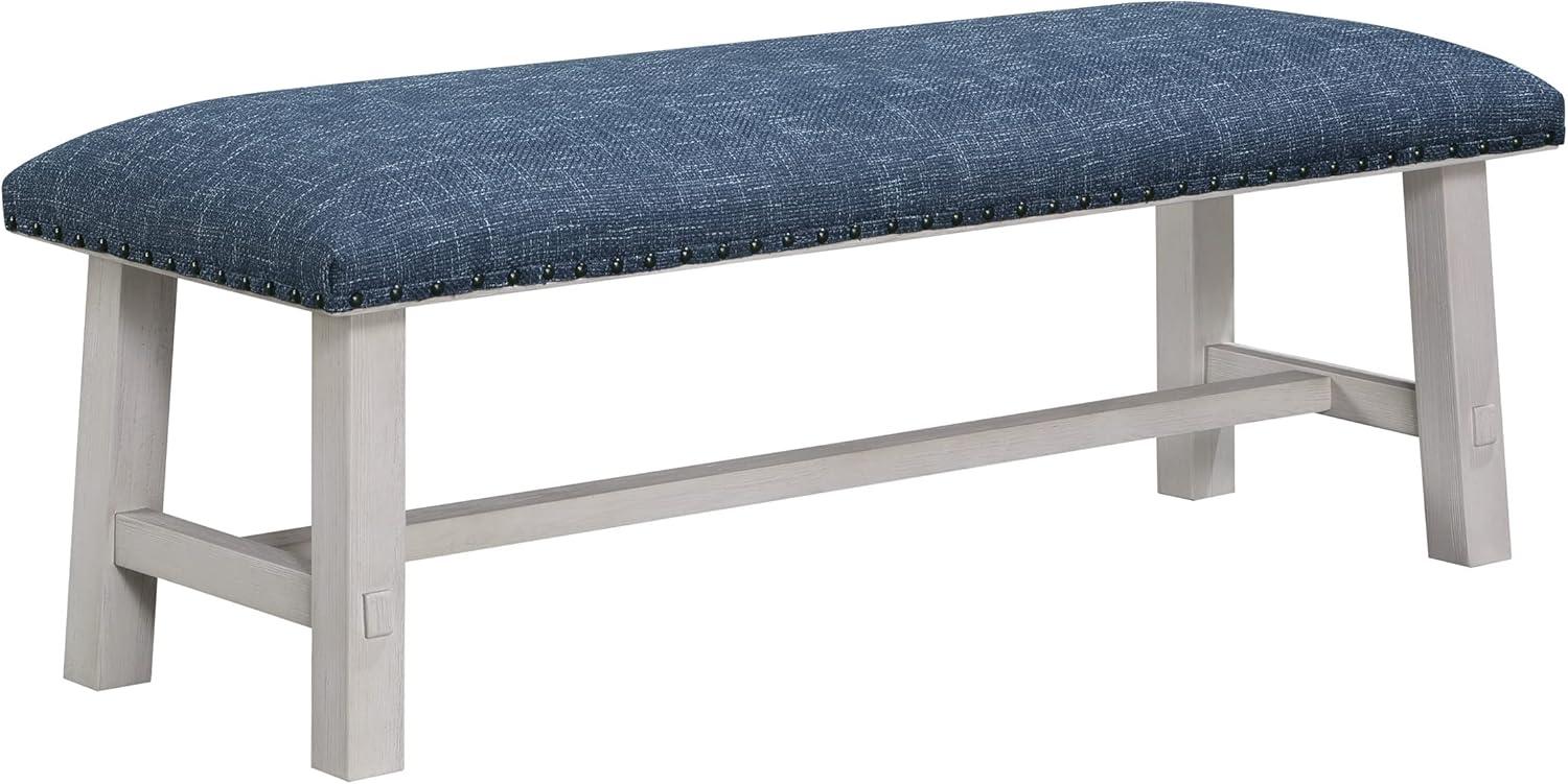 Callen Bench with White Wash Frame and Bronze Nailhead Trim in Navy Fabric