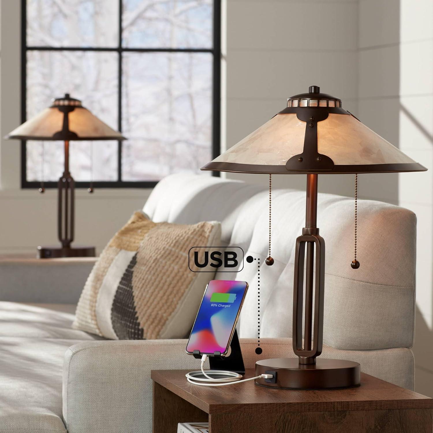 Franklin Iron Works Samuel Mission Desk Table Lamps 20" High Set of 2 Bronze with USB Charging Port Mica Shade for Bedroom Living Room Bedside Desk