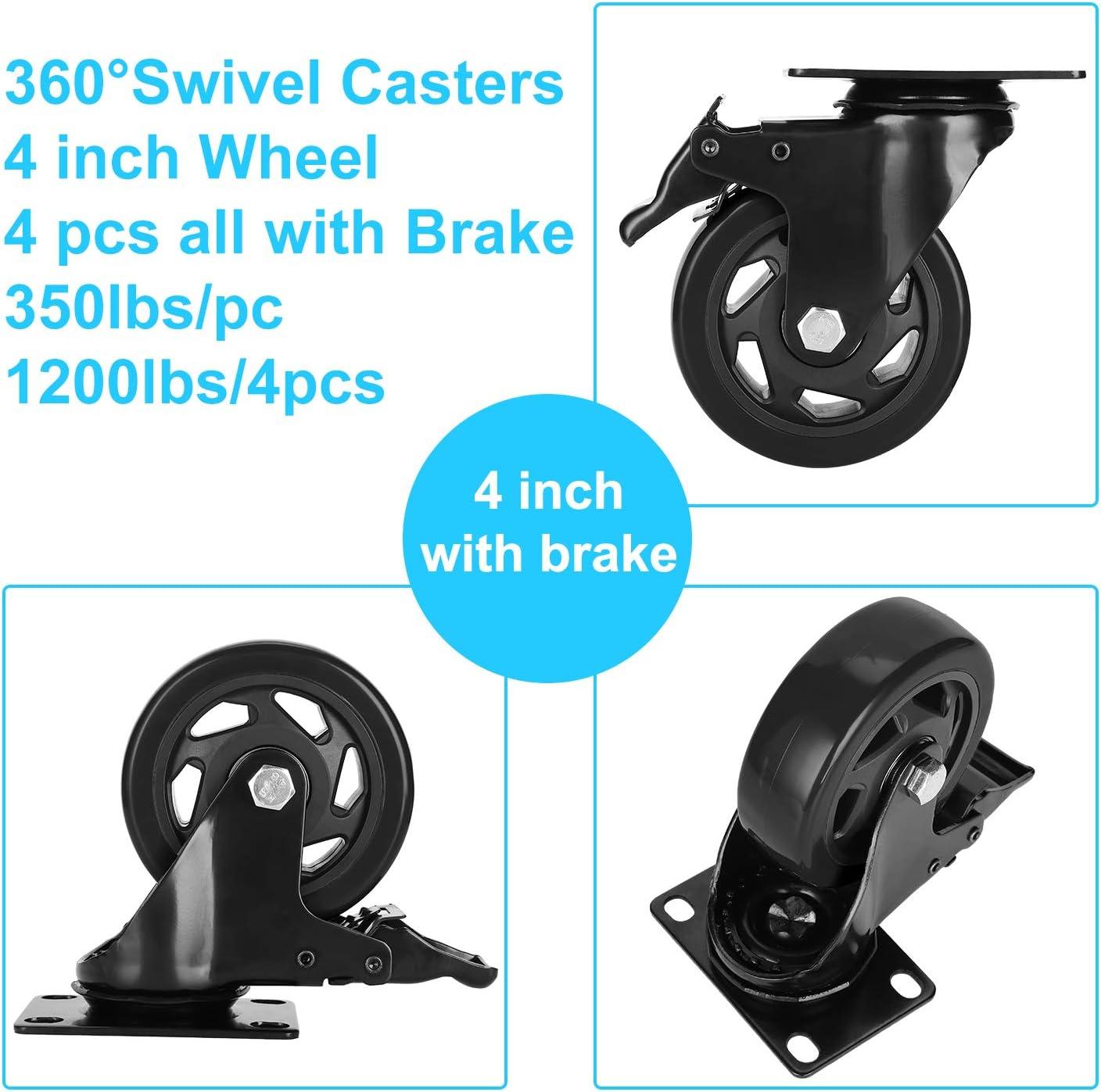 Heavy Duty 4-Inch Black PVC Swivel Caster Wheels with Brakes