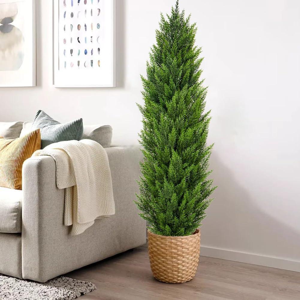5ft Artificial Cedar Topiary Trees for Outdoors, Fake Cypress Plants with Solar Light String, Faux uv resistant Plants for Home Front Porch Decor, Housewarming Gift