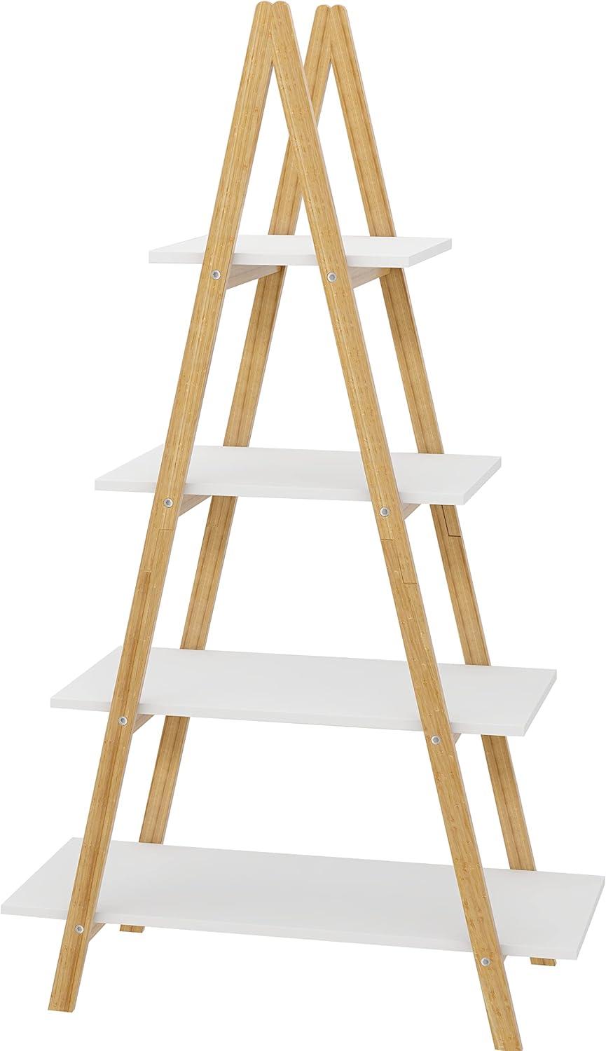 Solid Bamboo Wood A-Shaped Display Shelves, Classic 4-Tier Ladder Bookshelves with Open Shelf and Inclined Legs for Living Room, Office, White&Natural