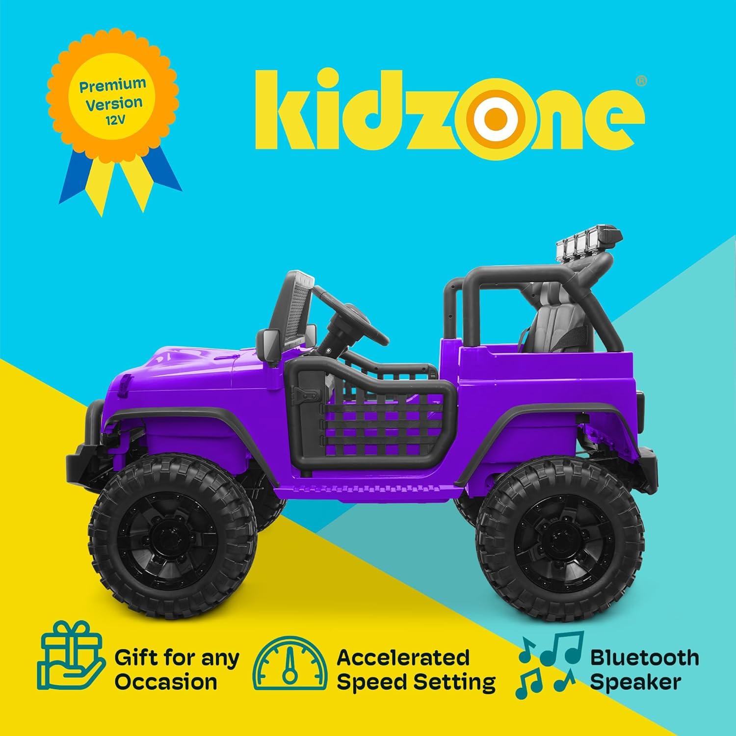 Kidzone 12V 3.8 MPH Kids 2-Seater Ride On Truck Car Electric Vehicles w/Personalize License Plate, 4-Wheeler Suspension, Parent Remote Control, MP3, LED Lights, 3 Speeds, Bluetooth, Radio - Purple