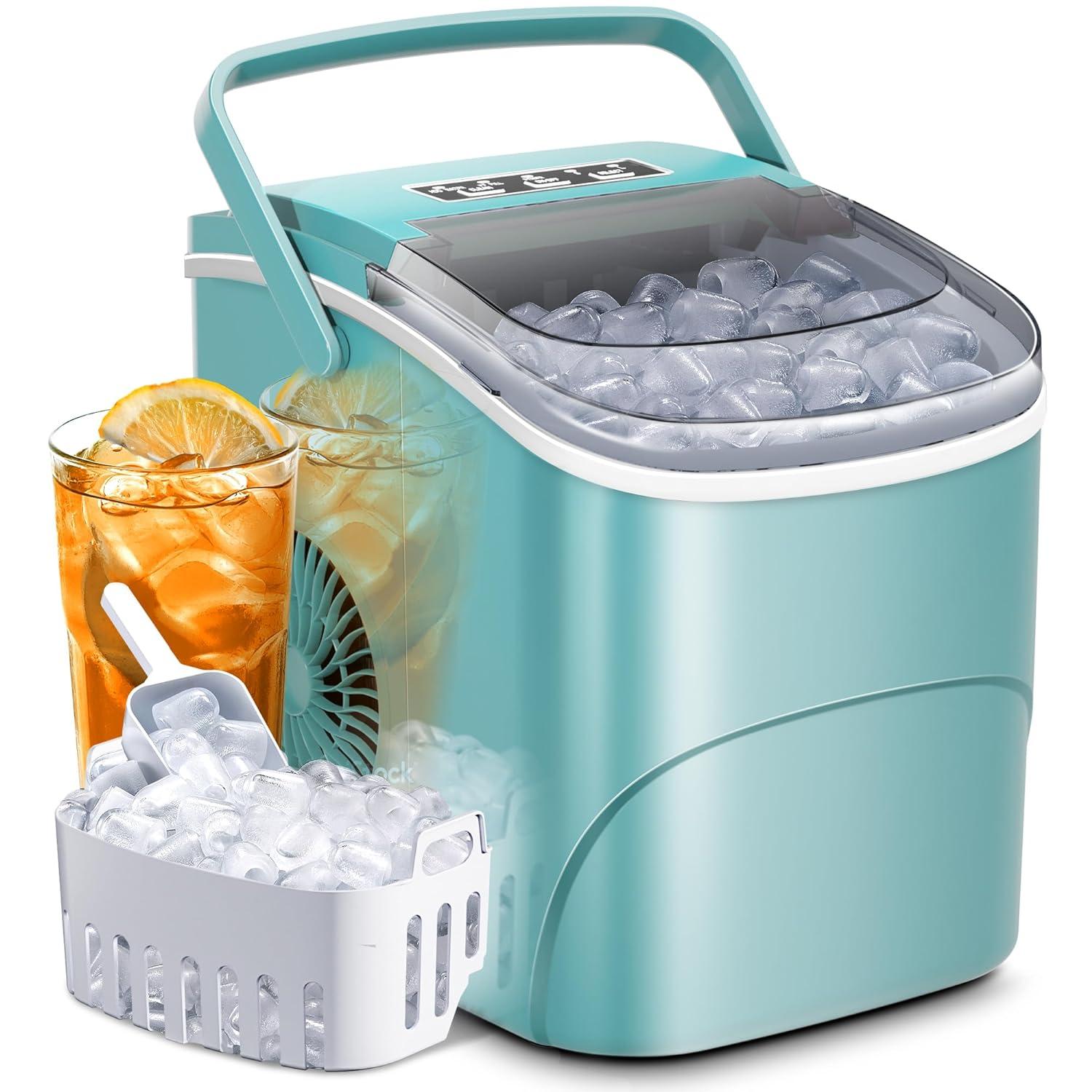 R.W.FLAME Ice Makers Countertop with Handle,26.5Lbs/24H,9 Cubes in 6 Mins,2 Sizes of Bullet Ice,Portable Ice Maker Machine with Self-Cleaning, green
