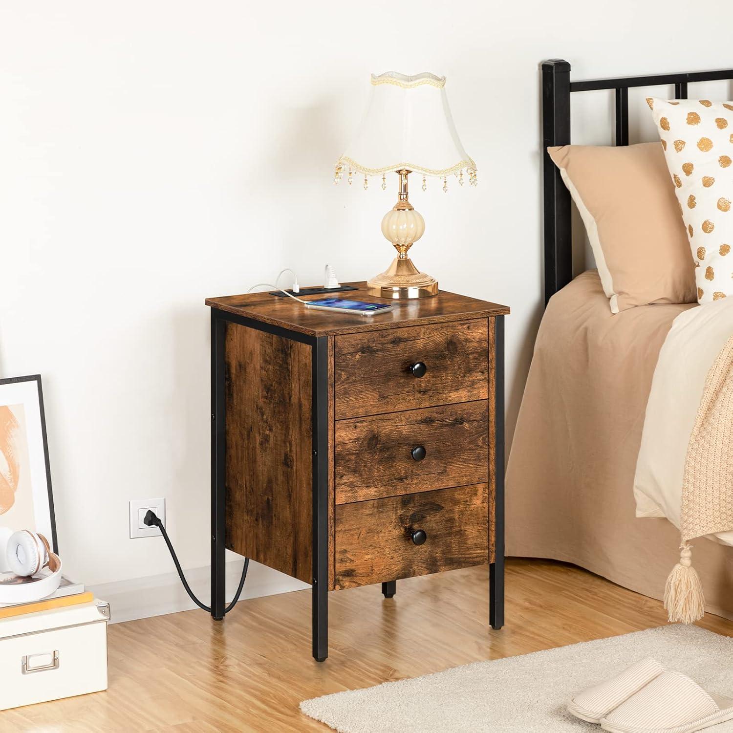 Rustic Brown Particleboard and Metal Nightstand with USB Ports