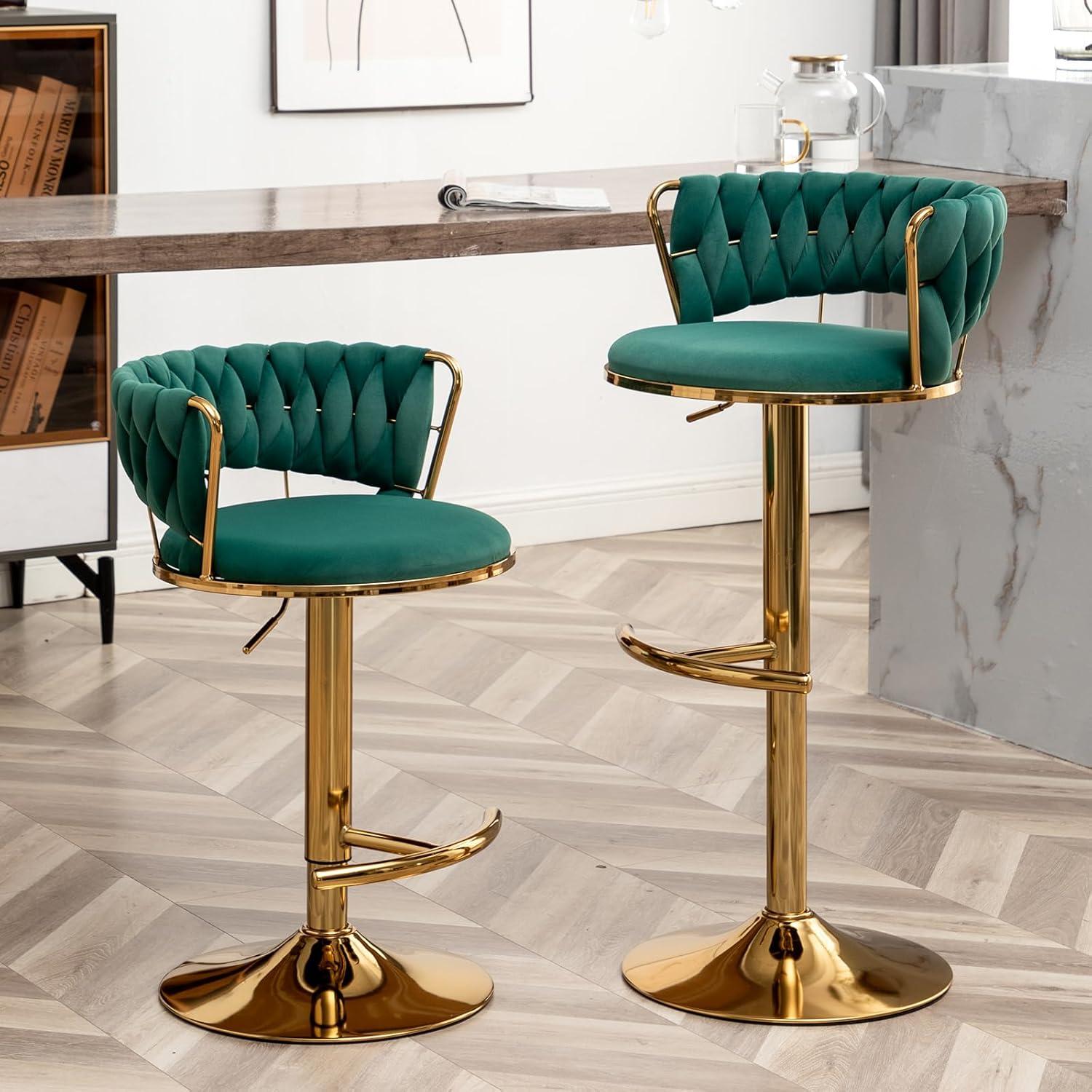 Emerald Green Velvet Adjustable Swivel Bar Stools with Gold Base, Set of 2