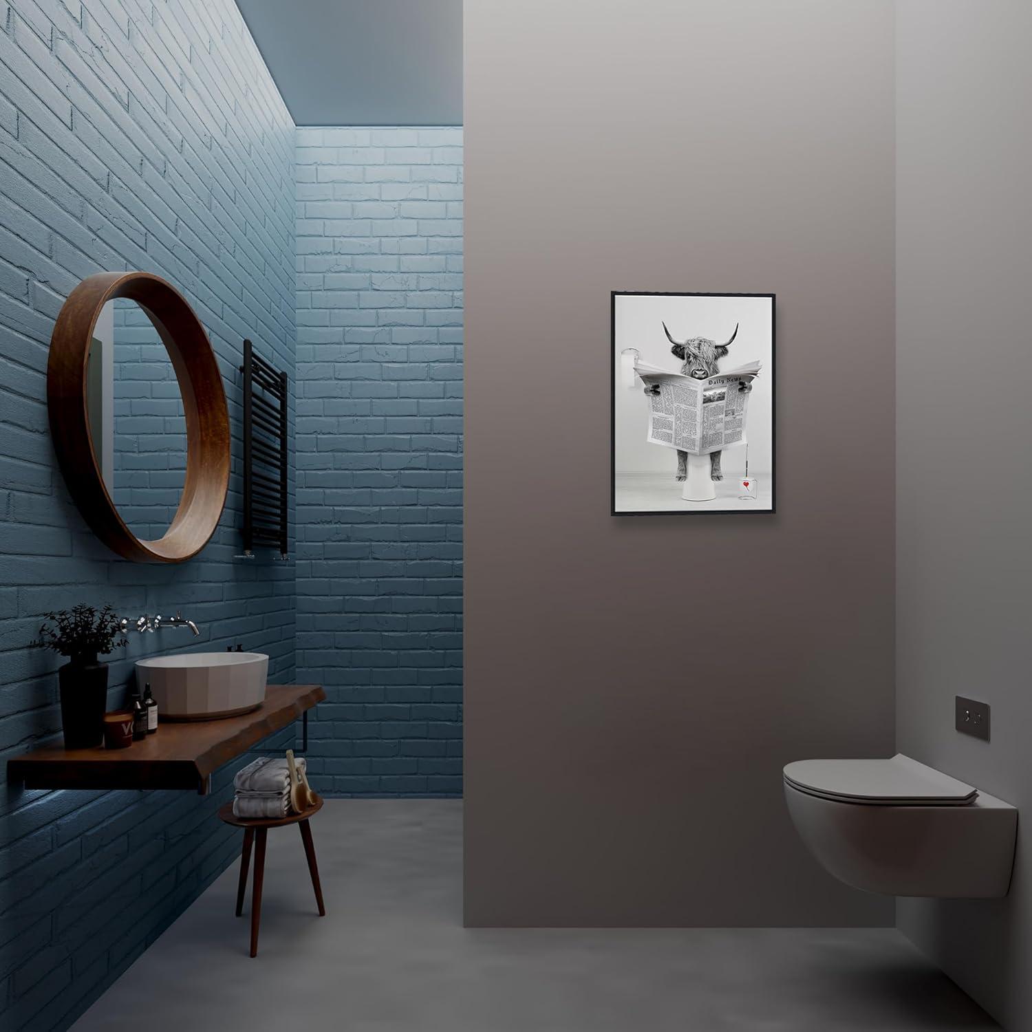 Modern Black Framed Highland Cow Wall Art Minimalist Bathroom Wall Decor Cute Funny Animals Artwork Canvas Prints Ready to Hang for Guest Bathroom, Hotel, Condo, Kids Bathroom, 12”x16”