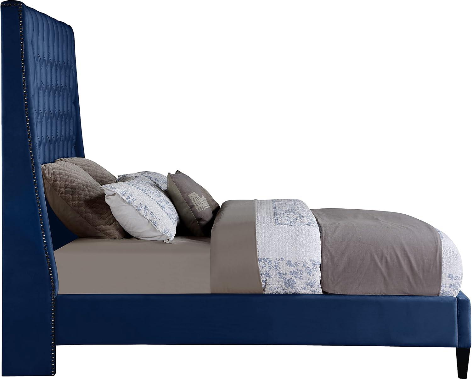 Elegant Navy Velvet Full Bed with Brass Nailhead Trim and Tufted Headboard