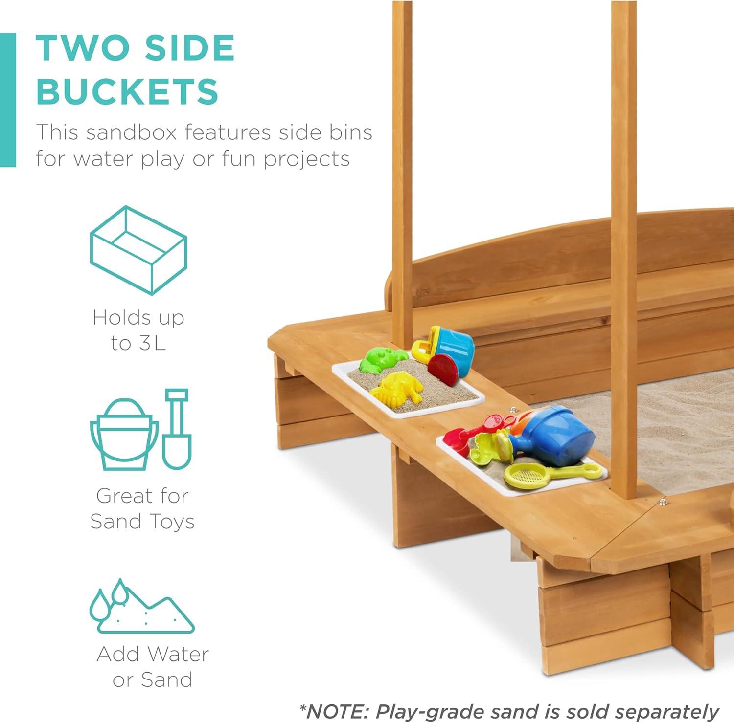 Best Choice Products Kids Wooden Cabana Sandbox w/ Bench Seats, UV-Resistant Canopy, Sandpit Cover, 2 Buckets - Natural