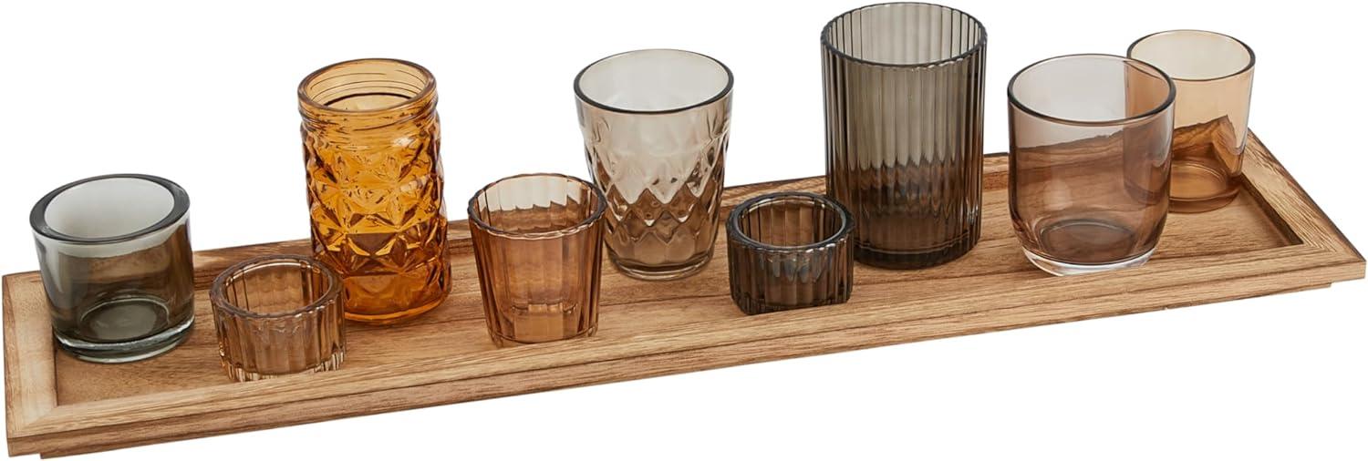 Brown Wood Tray with 9 Glass Votive Holders