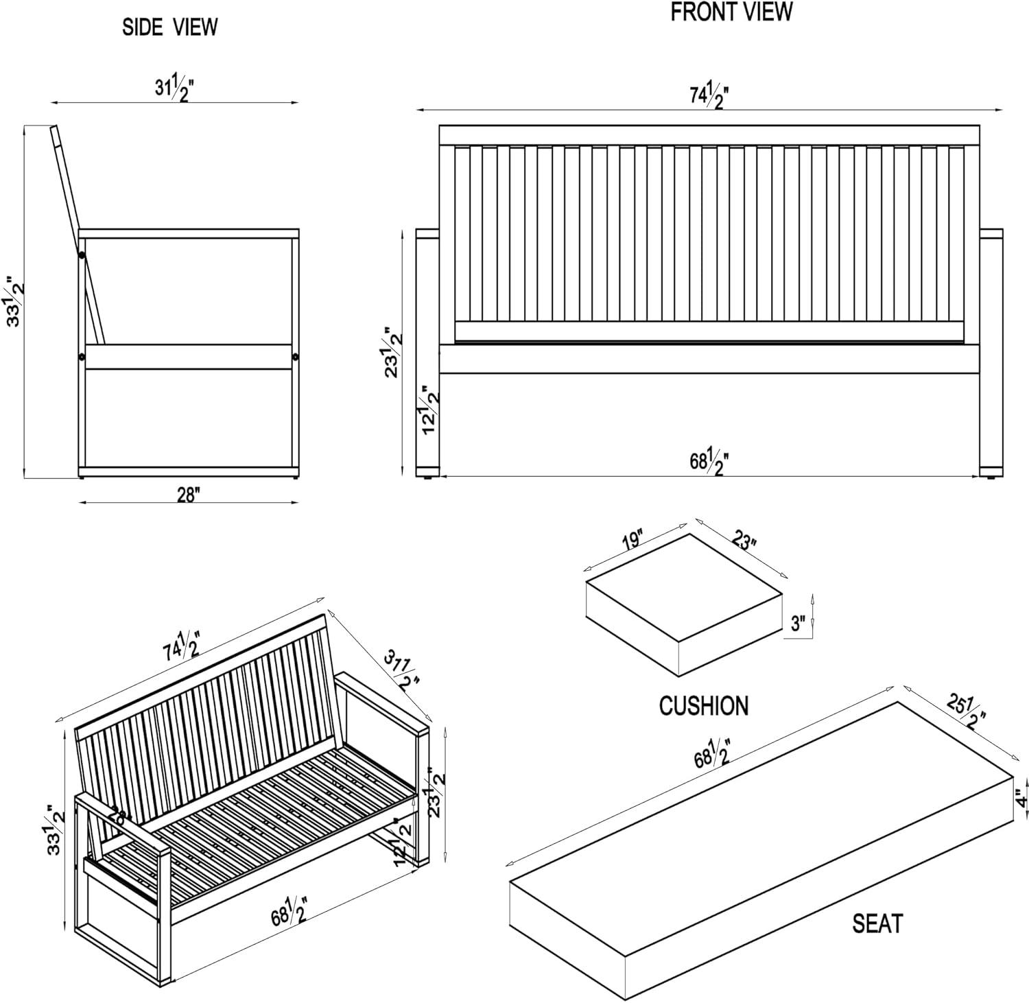 Grafton Luxe Eucalyptus 3-Seater Outdoor Bench with Gray Cushions