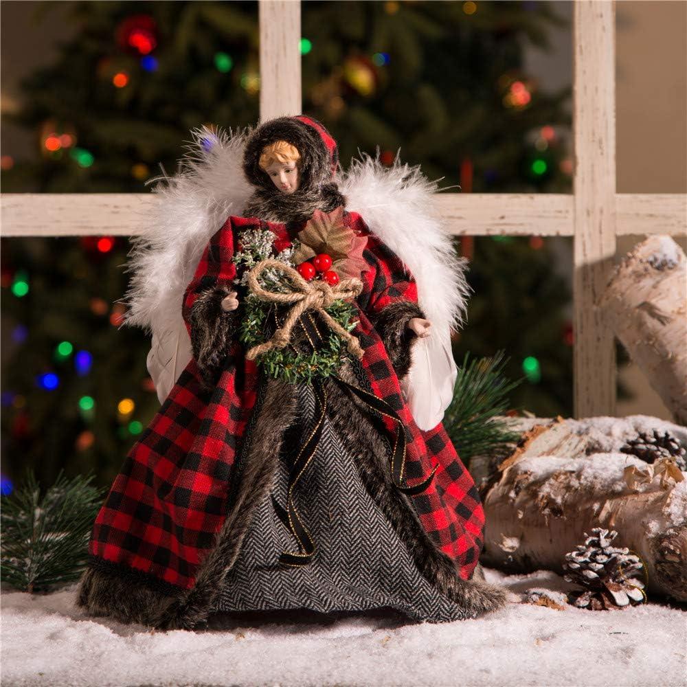 Glitzhome Handmade Plaid Angel Figurine Christmas Treetop Ornament Decoration 12" H - Red & Black