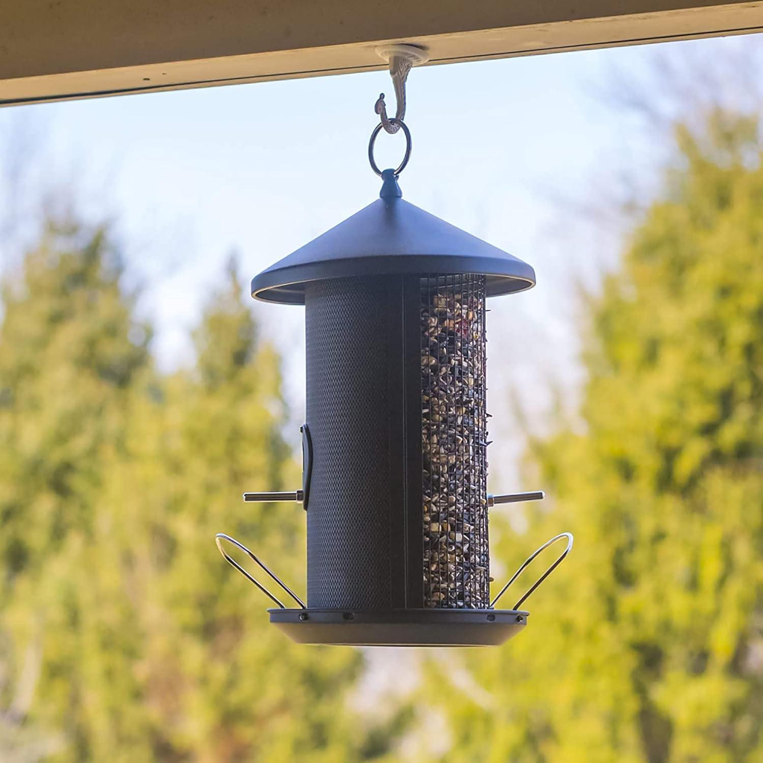 Matte Black Heavy Duty Metal Hanging Bird Feeder with Dual Nut and Seed Compartments