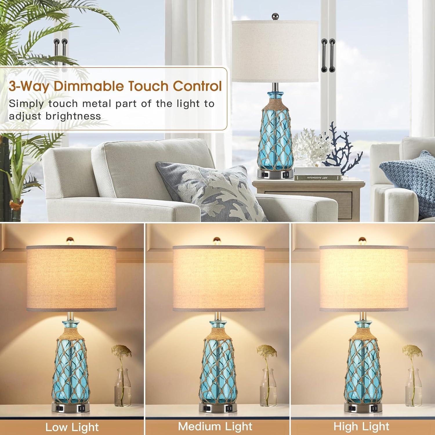 25.5" Coastal Glass Table Lamps Set Of 2, 3-Way Dimmable Touch Control Bedside Lamps With 2 USB Ports And AC Outlet, Clear Nautical Nightstand Lamp For Bedroom Living Room (LED Bulbs Included)