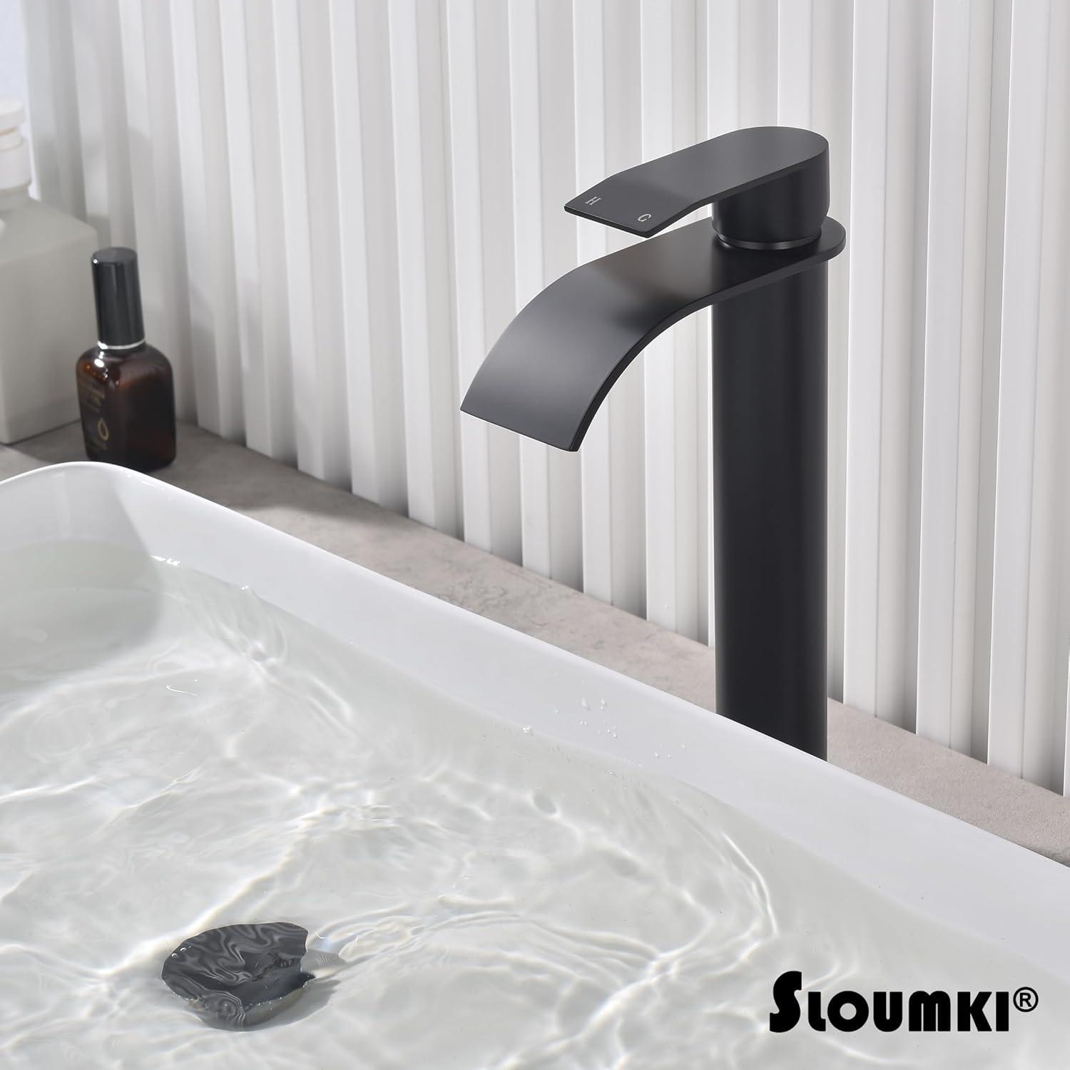 Waterfall Bathroom Faucet Single Handle，Bathroom Sink Faucet 1 Hole，Waterfall Faucet for Bathroom Sink，Vessel Sink Faucet Matte Black Tall Bathroom Faucet