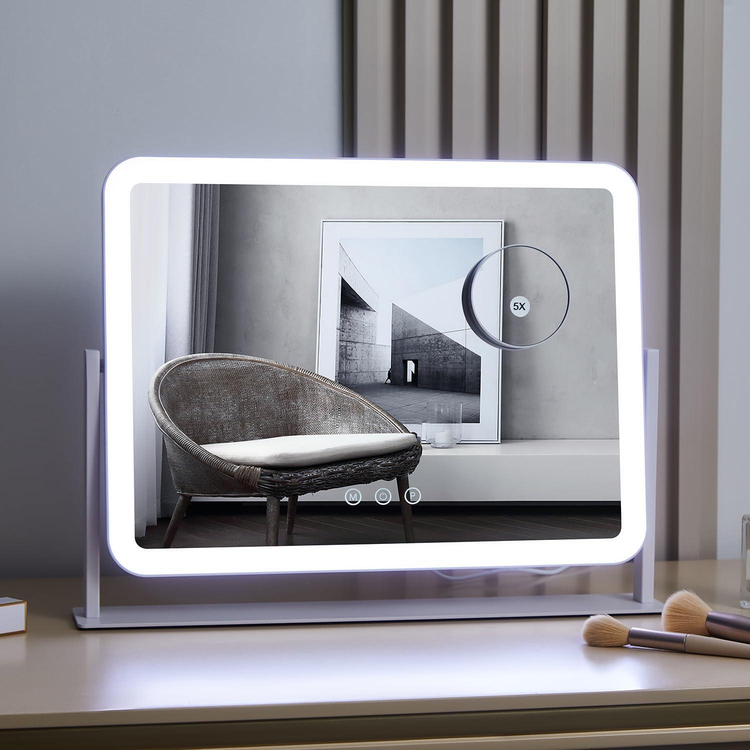 HIEEY Lighted Makeup Mirror, Hollywood Vanity Mirror with Lights, Three Color Lighting Modes, and 5X Magnification Mirror, Smart Touch Control, 360°Rotation (14.1in,White,Gift Box)