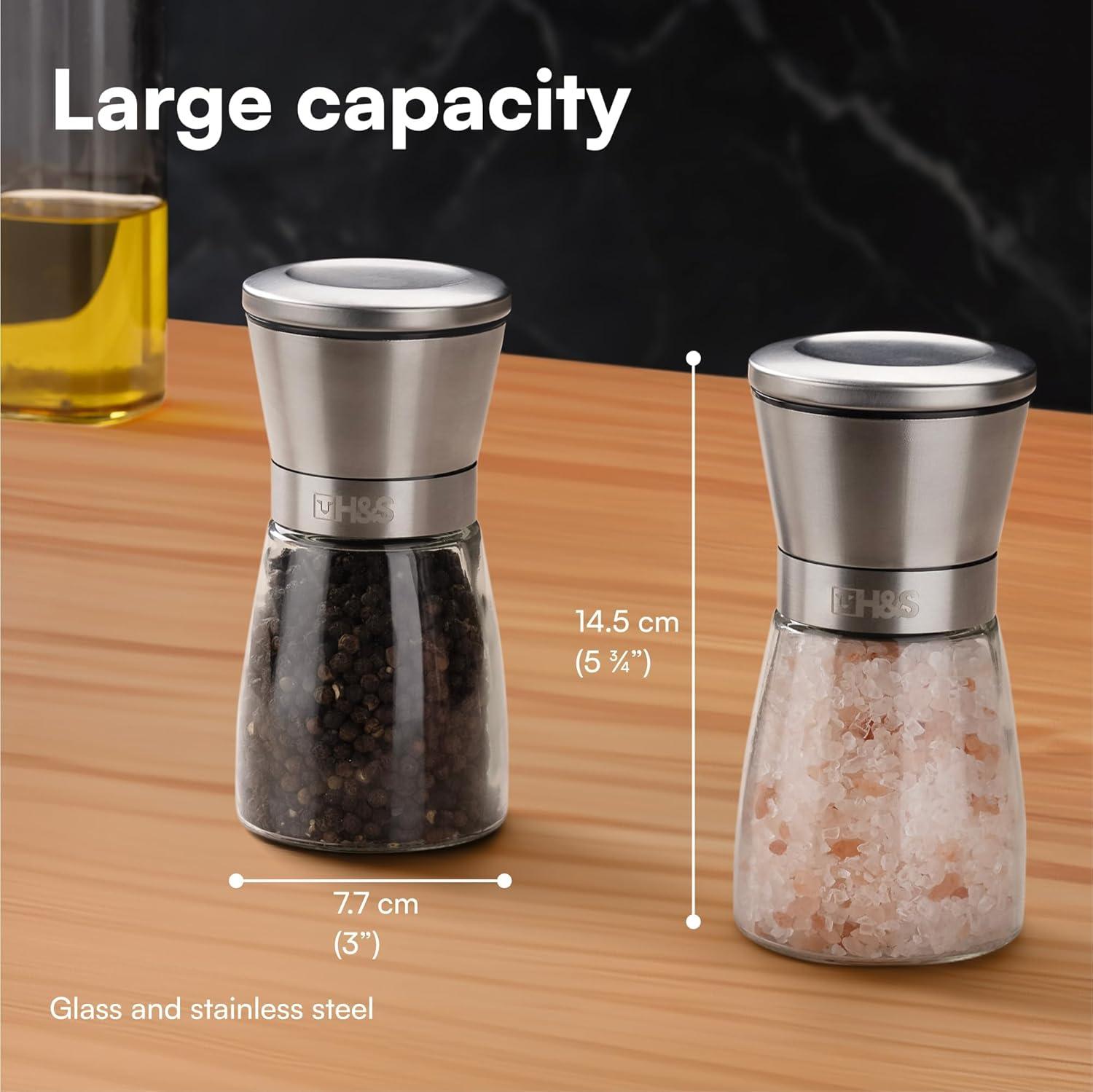 H&S Salt And Pepper Grinder Set - Manual Mill Grinders For Kitchen - Glass And Stainless Steel Spice Mills With Adjustable Coarseness - Easy To Use And Fill - Large Capacity - Kitchen Gadgets