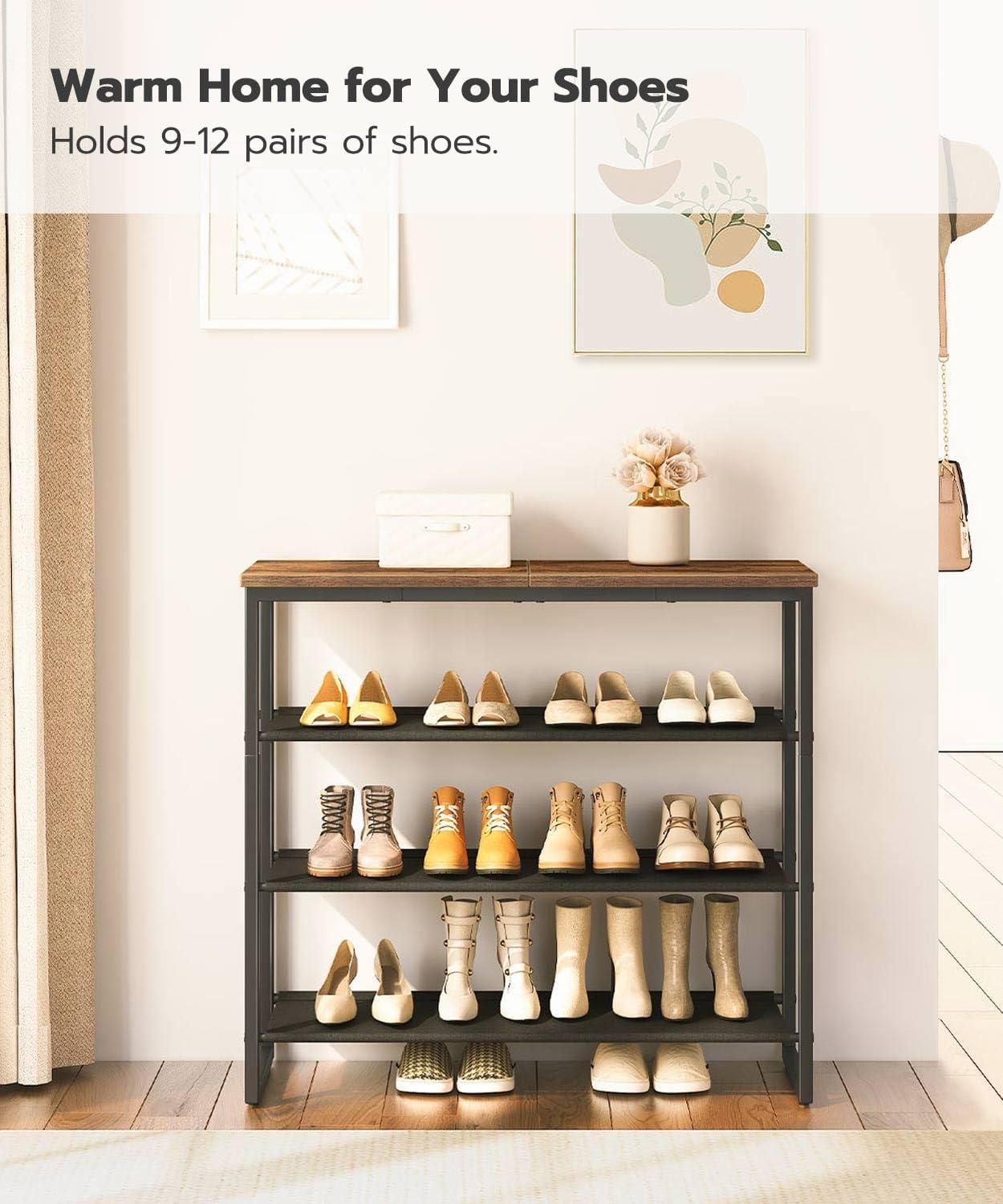 Rustic Brown 4-Tier Fabric and Metal Shoe Rack