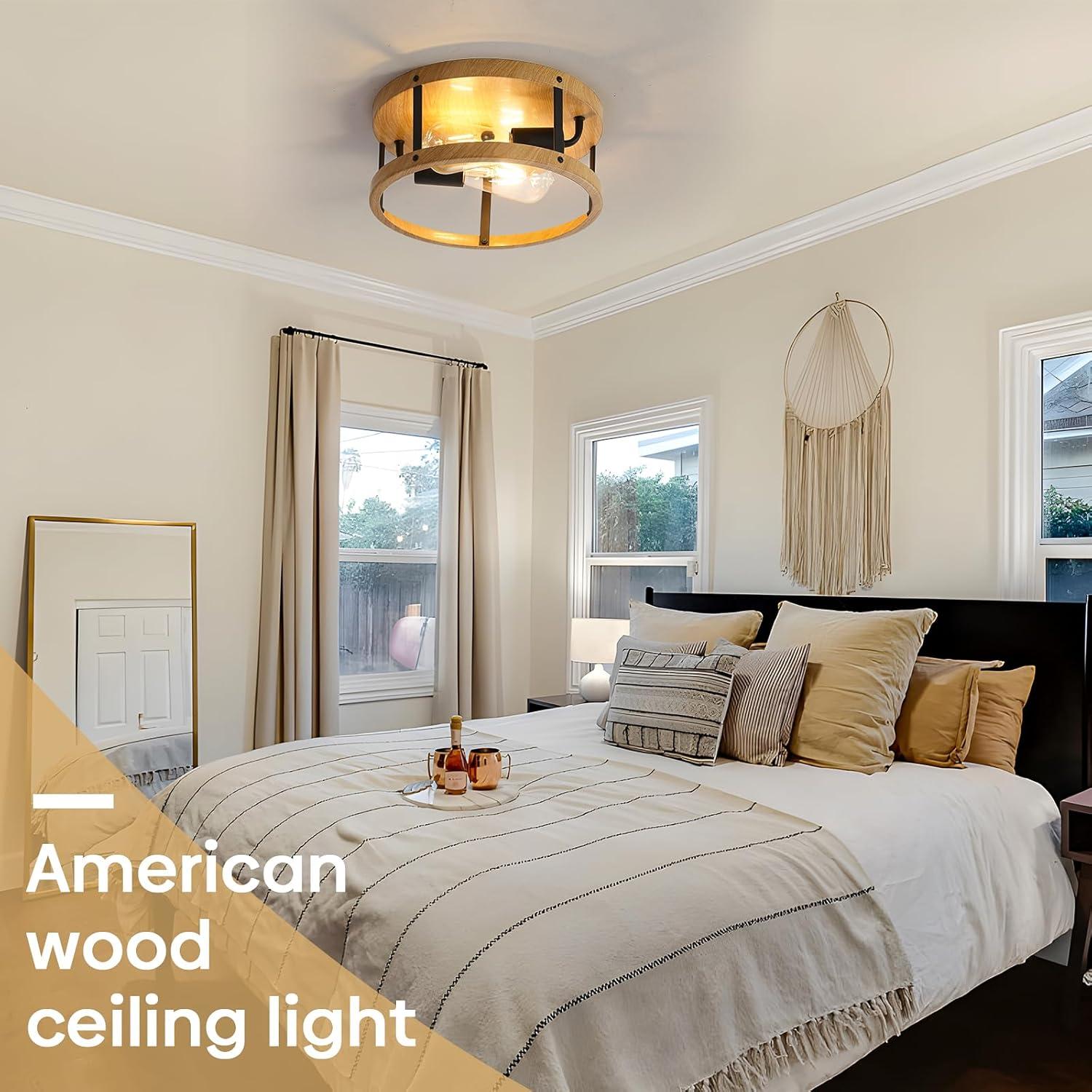 2-Light Industrial Flush Mount Ceiling Light Fixture, Wood Finish Farmhouse Ceiling Light Fixture,Modern Flush Mount Light Fixture for Kitchen Bedroom Living Room Hallway 1 Pack