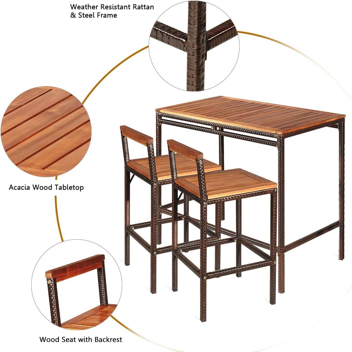 Brown Acacia Wood and Steel 3-Piece Patio Bar Set