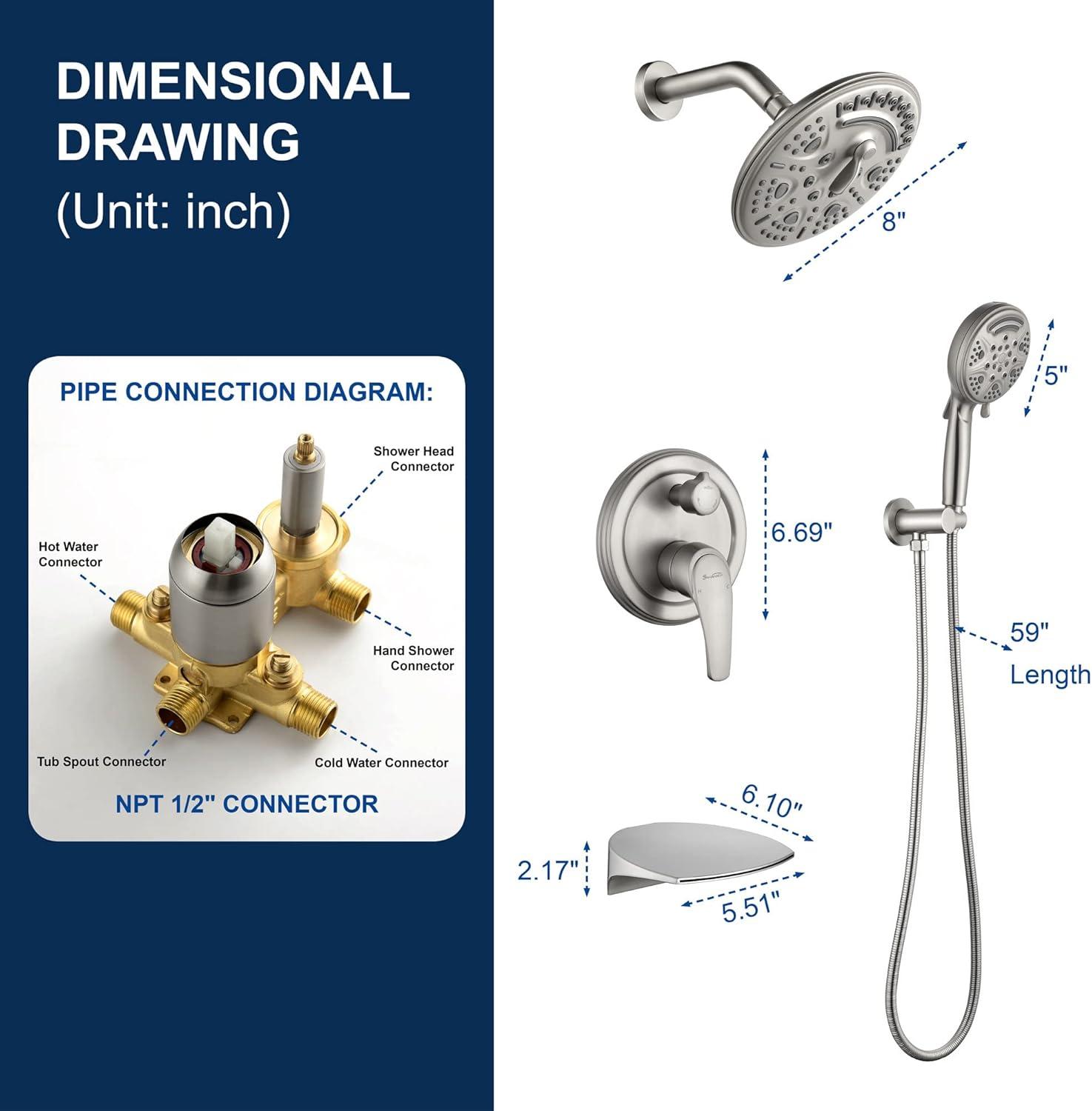 Brushed Nickel Wall Mounted Shower System with Adjustable Head