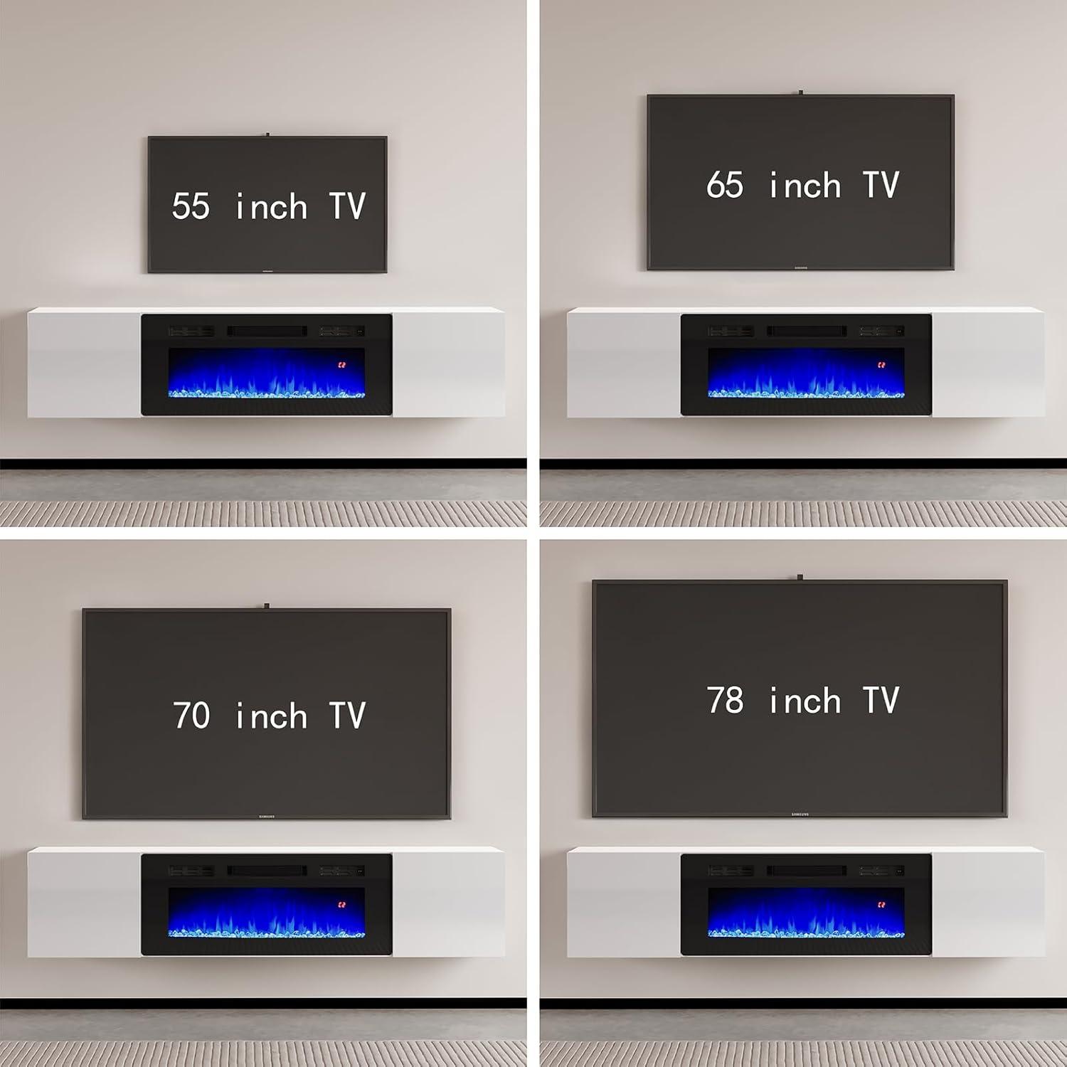 White Gloss Floating TV Stand with Electric Fireplace