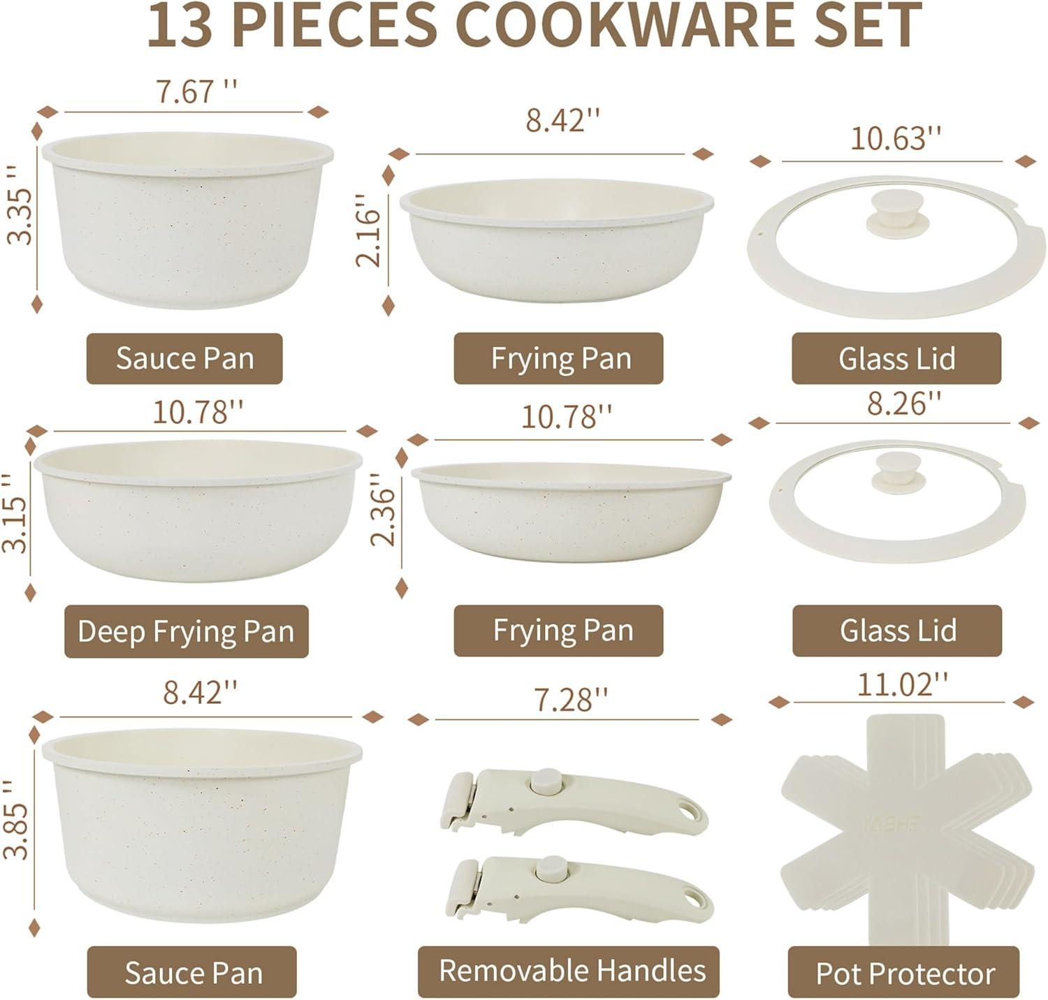 YASHE 13-Pieces Pots and Pans Set Non Stick, Ceramic Kitchen Cookware Set, Detachable Dandle Pots and Pans with Pan Protectors