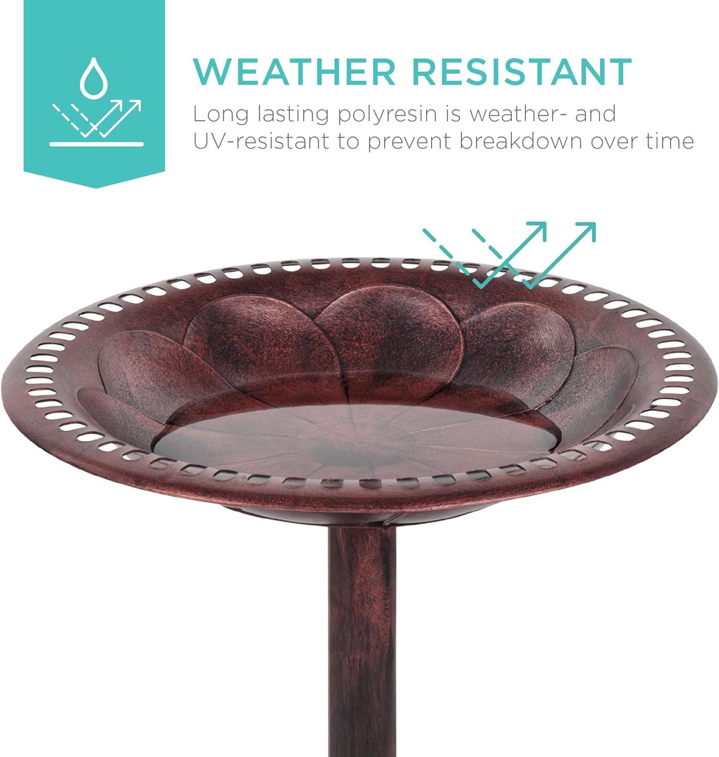 Cherry Red Rustic Polyresin Pedestal Bird Bath with Fleur-de-Lis Accents