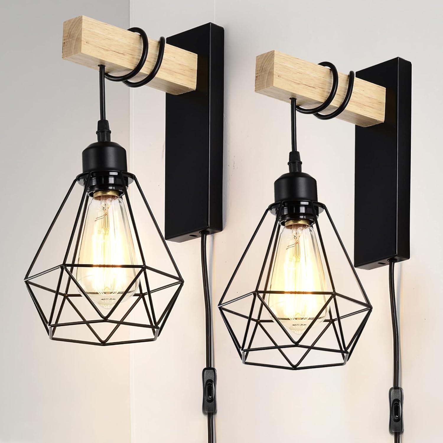 Black and Wood Plug-In Wall Sconce Set with Cage Shade