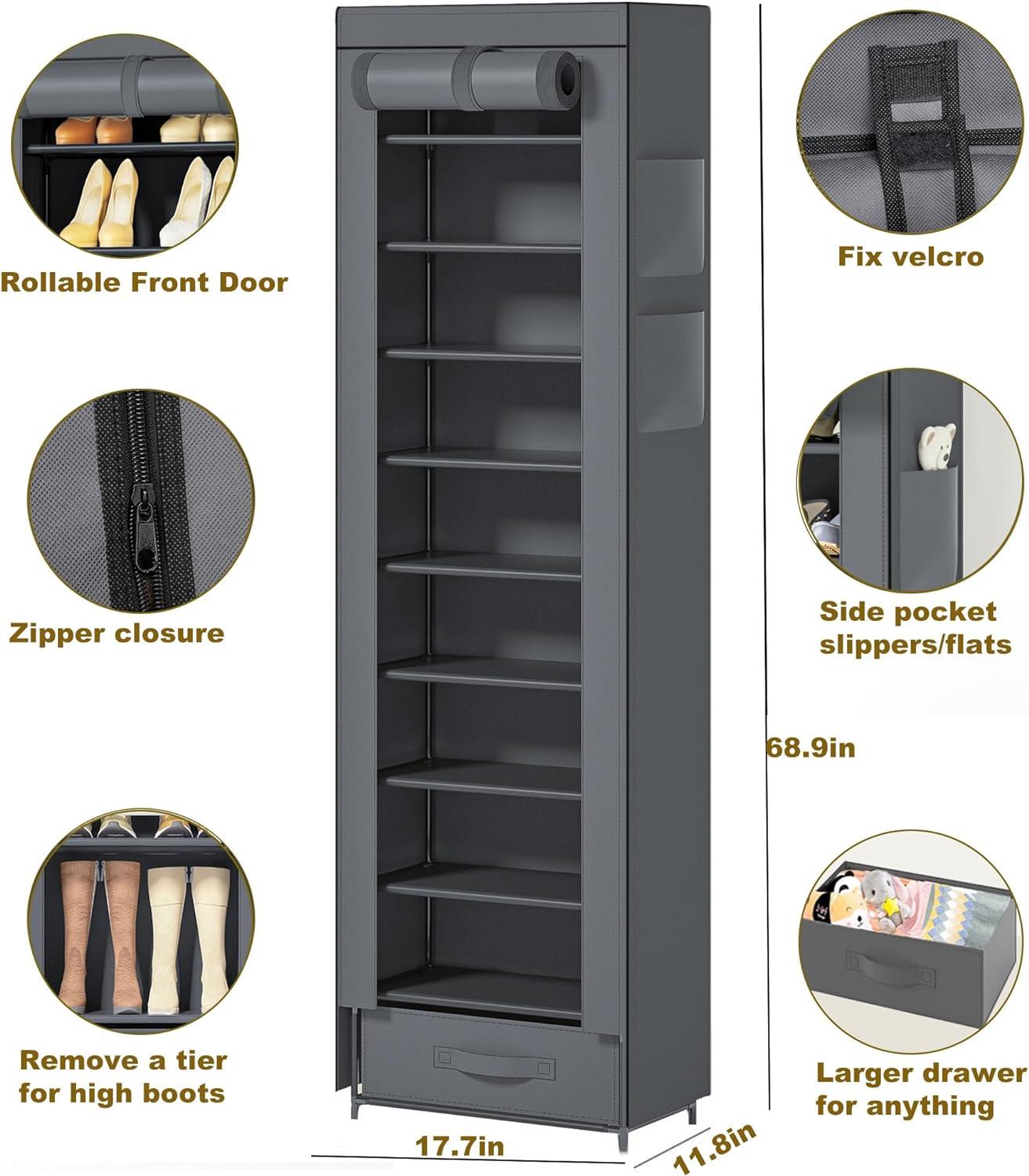 Shoes Rack 10 Tier Tall Narrow Shoe Rack with Bin Covered Shoe Shelf Storage Organizer Closet Stackable Shoe Stand