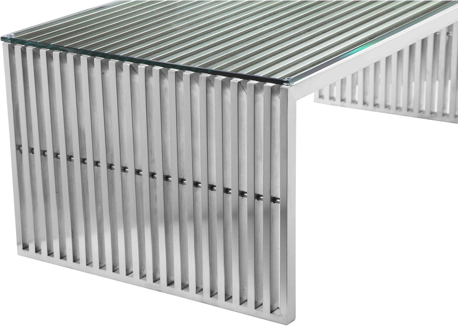 Benjara Meza 47 Inch Coffee Table, Glass Top, Waterfall Slatted Panel Frame, Silver