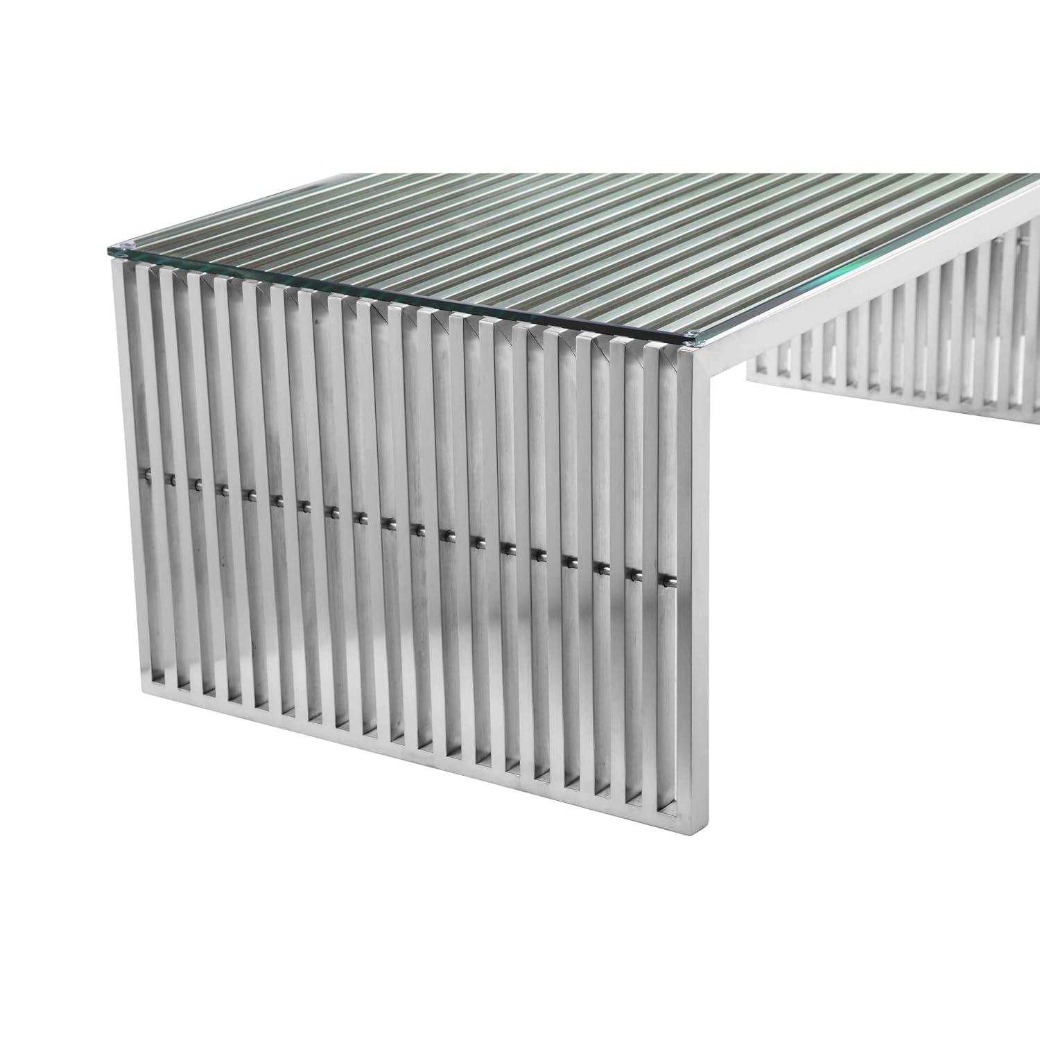 Benjara Meza 47 Inch Coffee Table, Glass Top, Waterfall Slatted Panel Frame, Silver