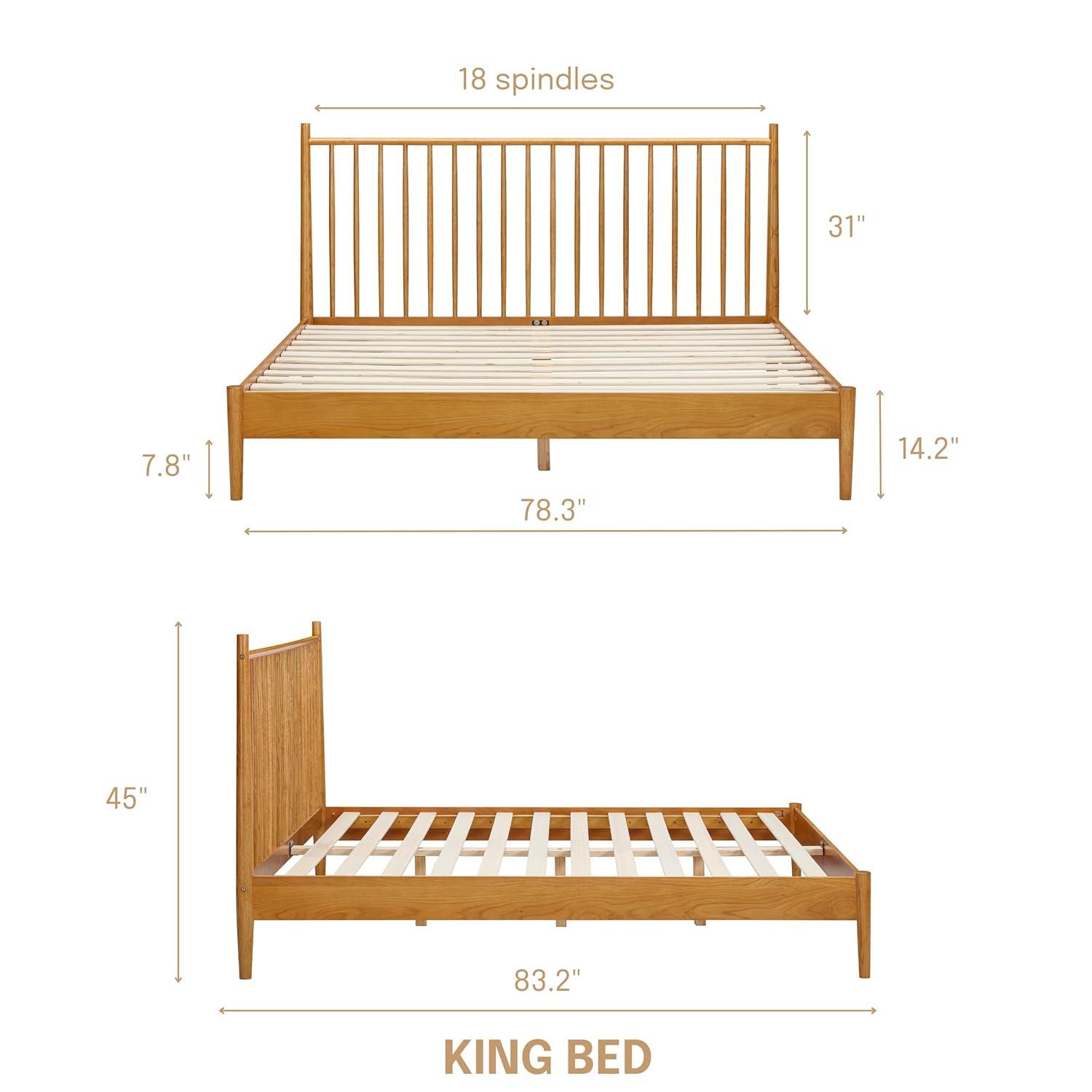 NTC Inno Solid Wood Bed Frame with Spindle Headboard and Silent Slats, 1000 lb Capacity
