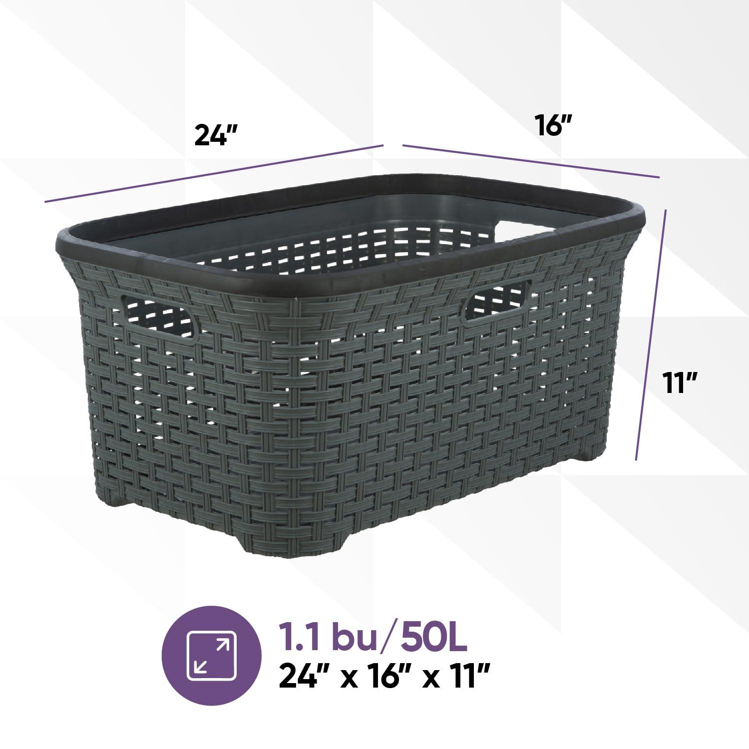 Superio Laundry Basket, Laundry Hamper, 50-liter wicker style basket with cutout handles, to storage dirty clothes, in washroom, or bedroom, grey.