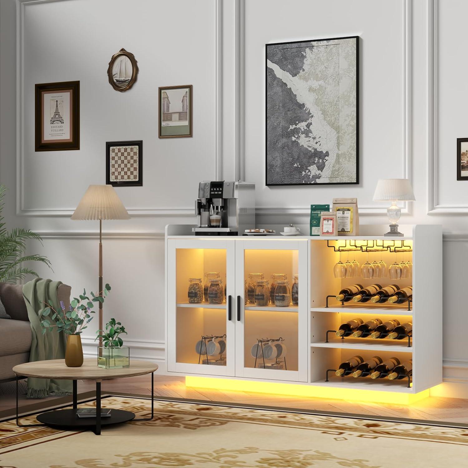 Brayden Studio® Wine Bar Cabinet with LED Lights, Floating Coffee Bar with Glass Rack and Removable Wine Racks, Modern Buffet Sideboard with Storage Shelves, Kithchen Bar with Glass Cabinet Doors, White