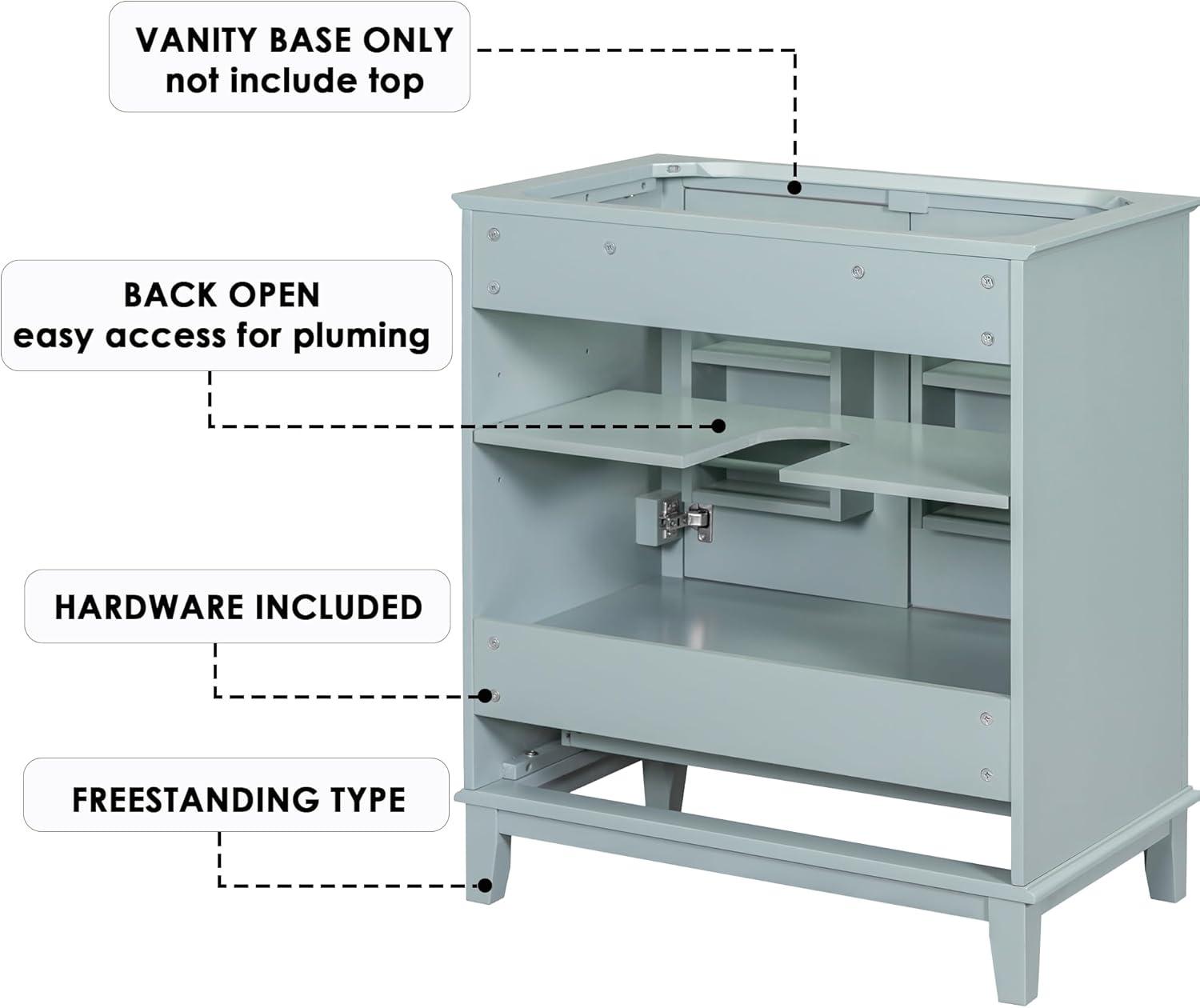 30" Bathroom Vanity without Sink, Cabinet Base Only, Multi-functional Bathroom Cabinet  with Doors and Drawer, Solid Wood Frame and MDF Board Bathroom Cabinet with Soft Closing Door, Green