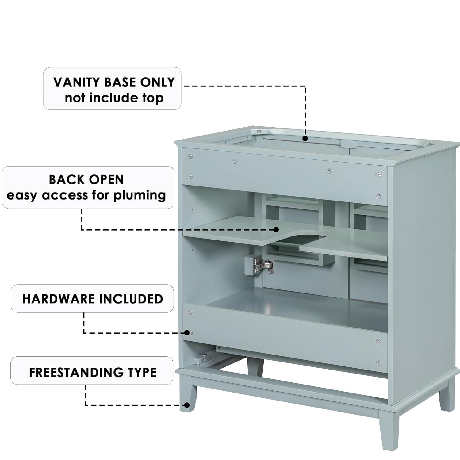 30" Bathroom Vanity without Sink, Cabinet Base Only, Multi-functional Bathroom Cabinet  with Doors and Drawer, Solid Wood Frame and MDF Board Bathroom Cabinet with Soft Closing Door, Green