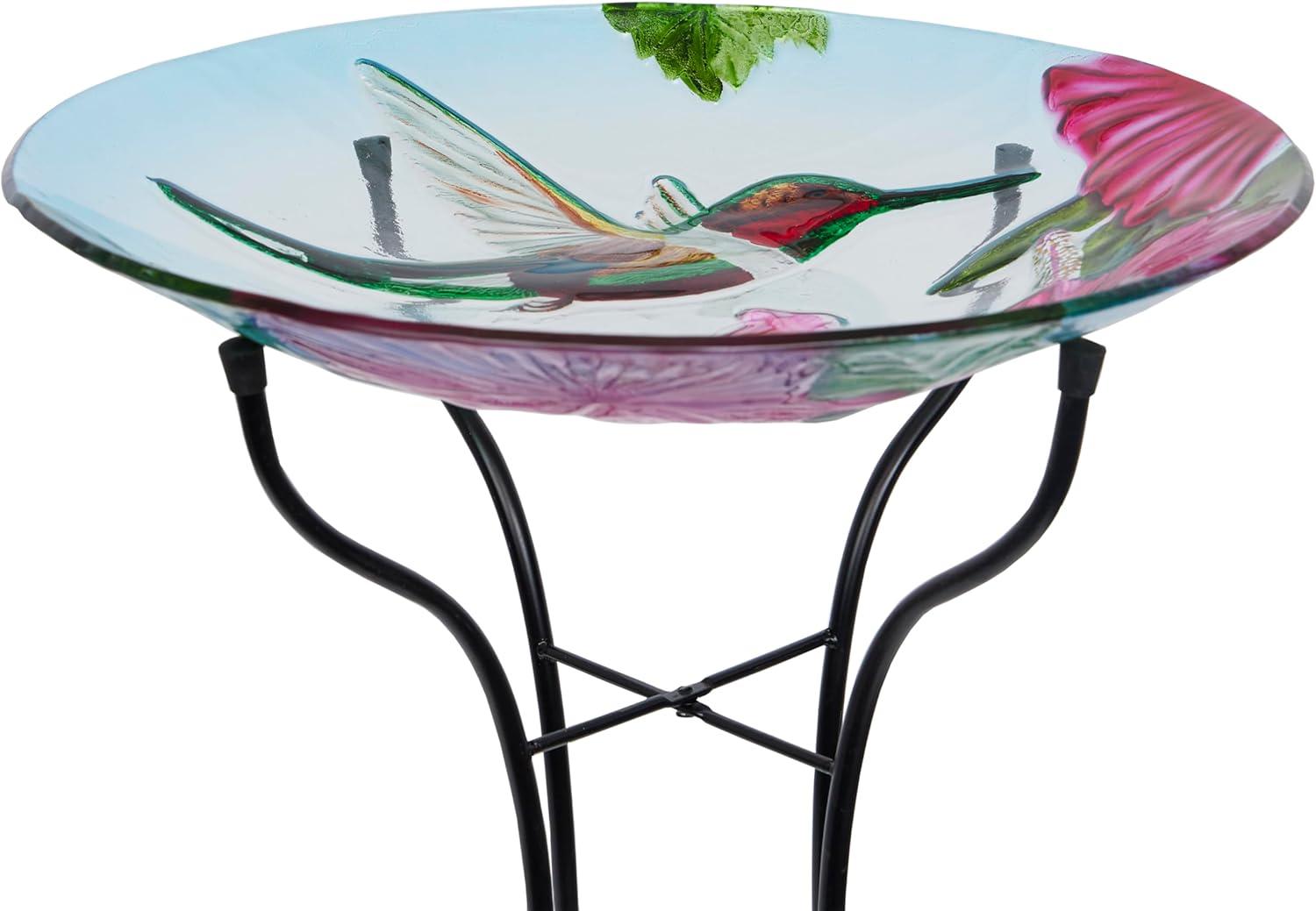 18" Multicolor Glass Birdbath with Metal Stand and Hummingbird Design