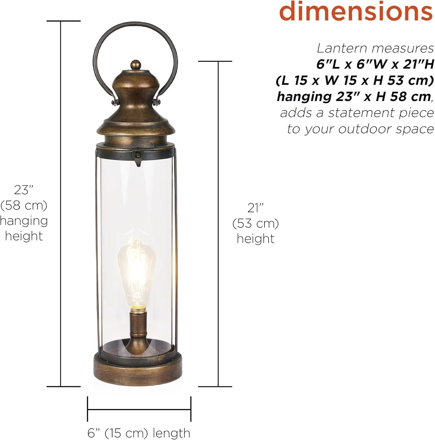 Gold Metal and Glass Lantern with Warm White LED Light, 21"