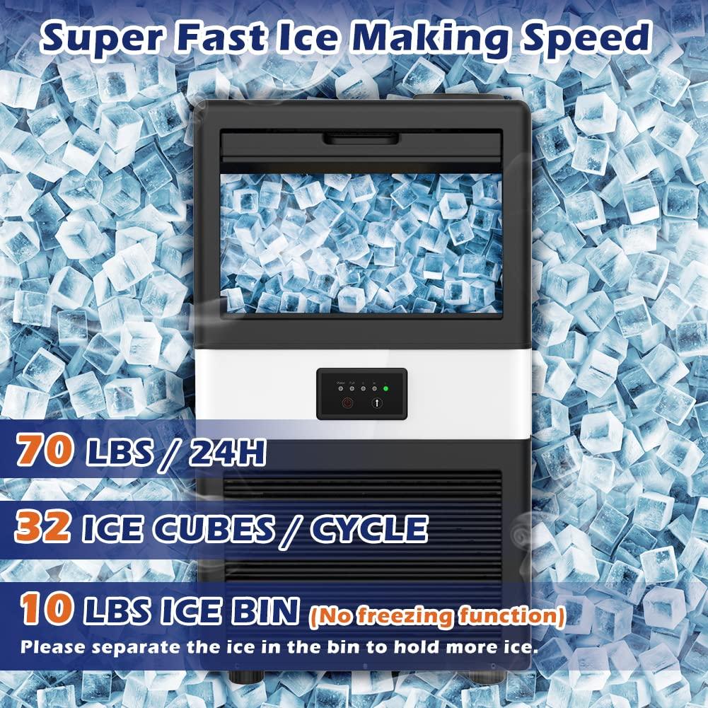 Commercial Ice Maker Machine, 70 LBS/24H Under Counter Large Ice Machine w/ 10 LBS Capacity Ice Storage Bin, 2 Water Inlet Modes, Freestanding & Built in Ice Maker for Bar/Home/Office/Shop, White