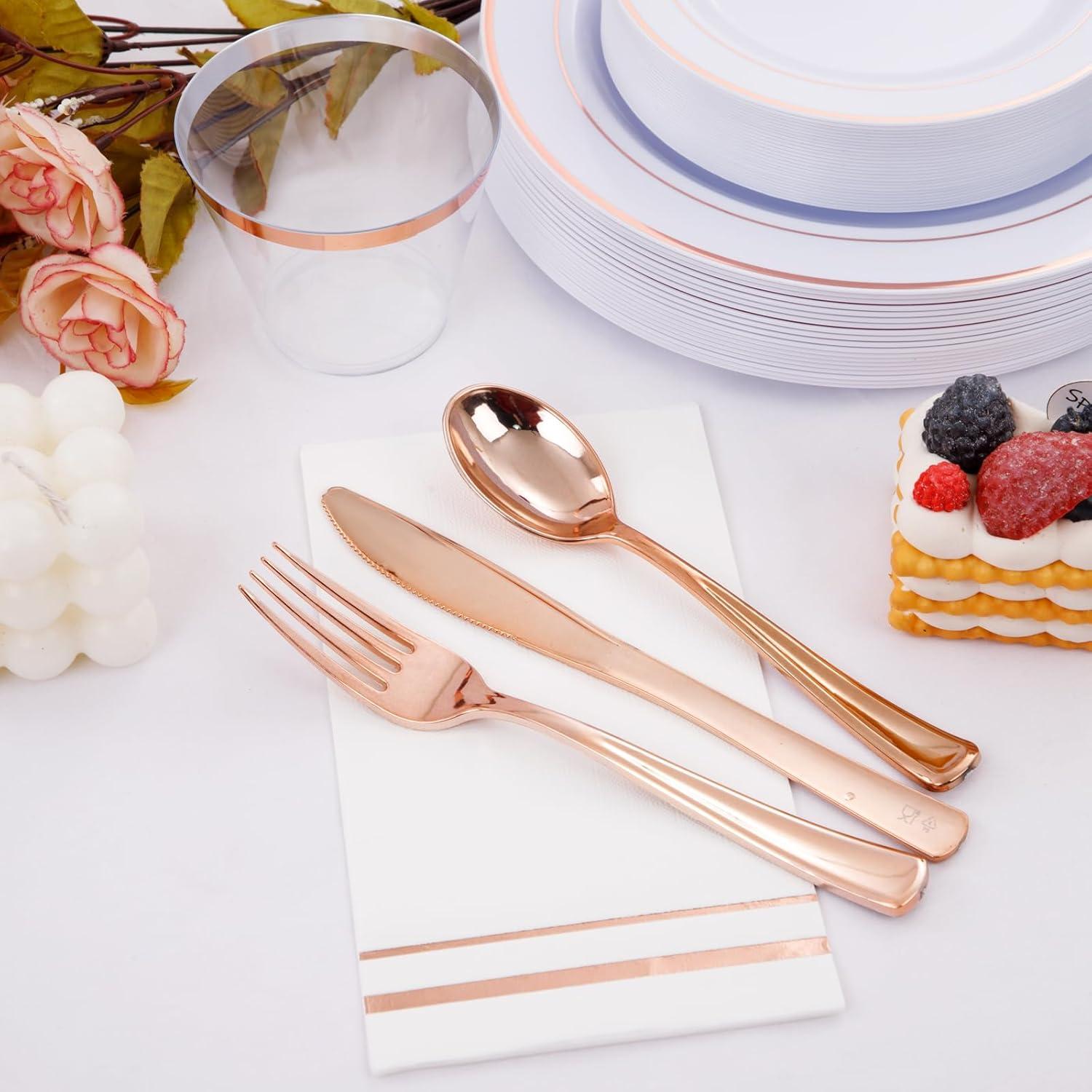 Rose Gold and Clear Plastic Dinnerware Set for 50 Guests