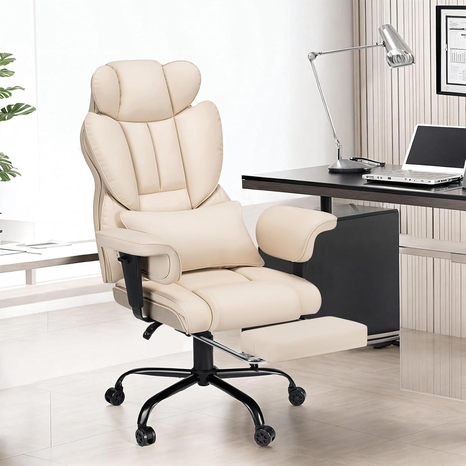 Hoffree Big and Tall Office Chair 450lbs, Executive Computer Desk Chair with Massage Ergonomic  Leather Chair with Footrest Reclining Desk Office Chair with Lumbar Support for Home Office