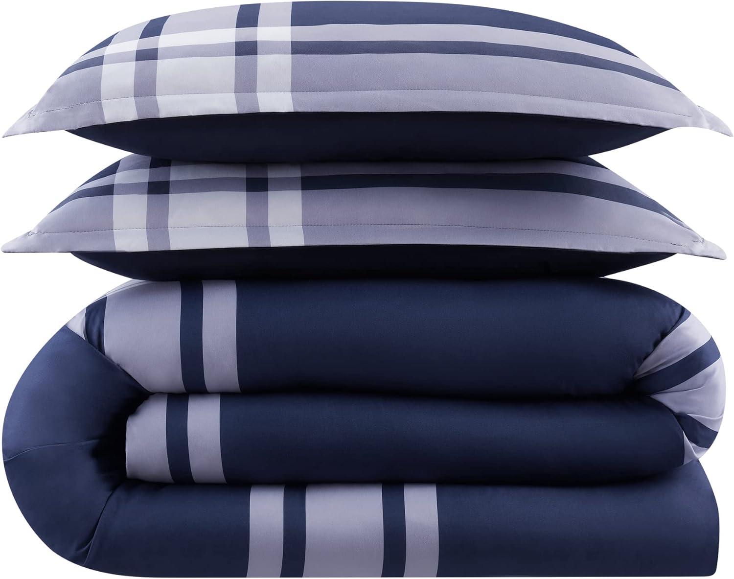 Serta Simply Clean Scott Soft 7 Piece Plaid Bed in A Bag Complete Bedding Comforter Set with Sheets and Pillow Case for All Season, Full, Blue