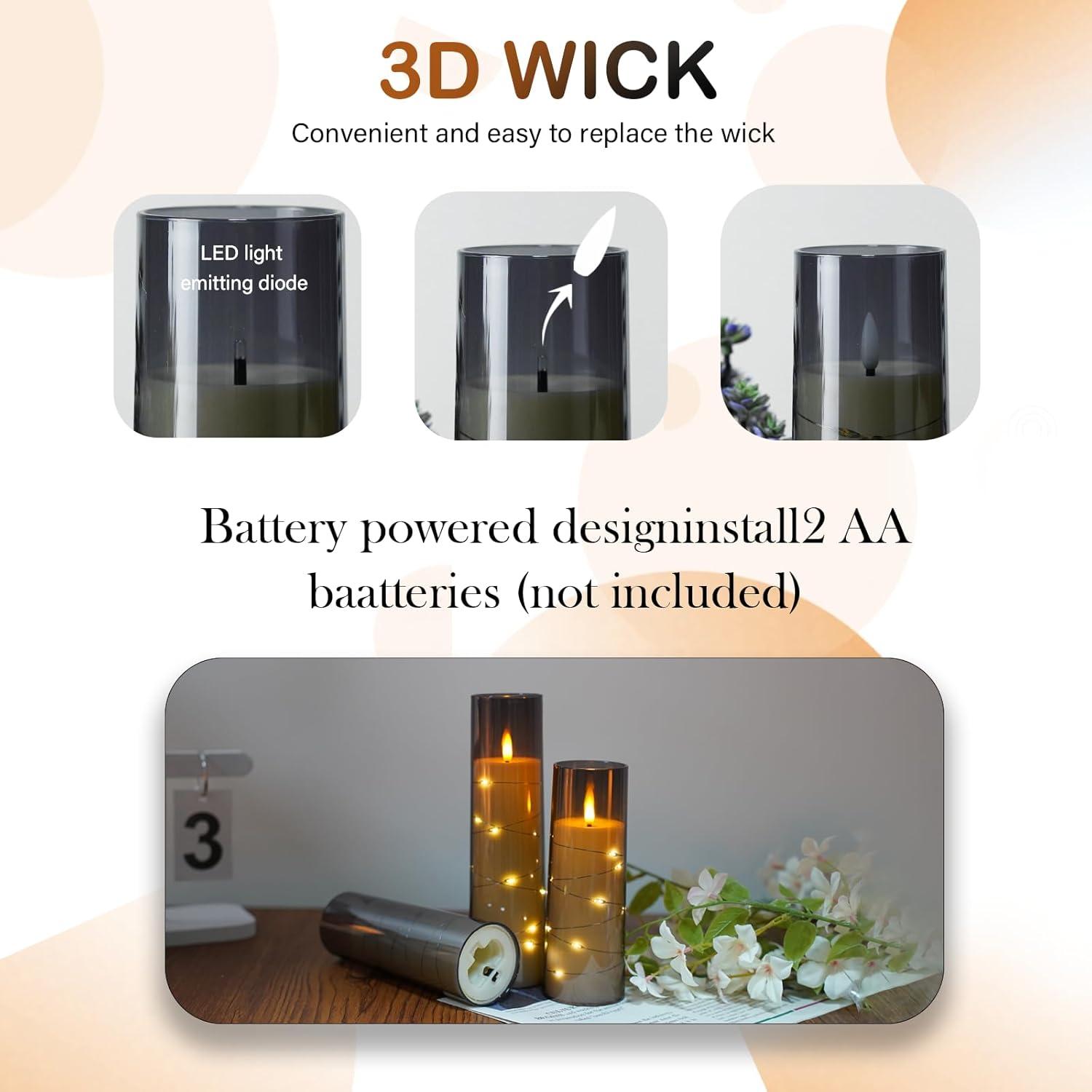 Raycare Flameless LED Candles with Embedded Star String, 9 Pcs Battery Operated Acrylic Pillar Candles with Timer and Remote, Flickering for Romantic Ambiance and Home Decoration (Grey)