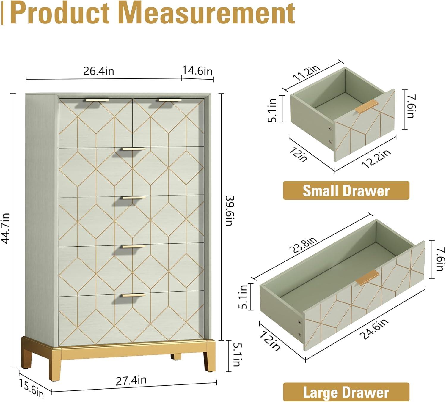 33.7"H Wooden Gold Lines Dressers Chest of drawers 3 Layers 6 Drawers for Bedroom, Entryway, Dressingroom,Green