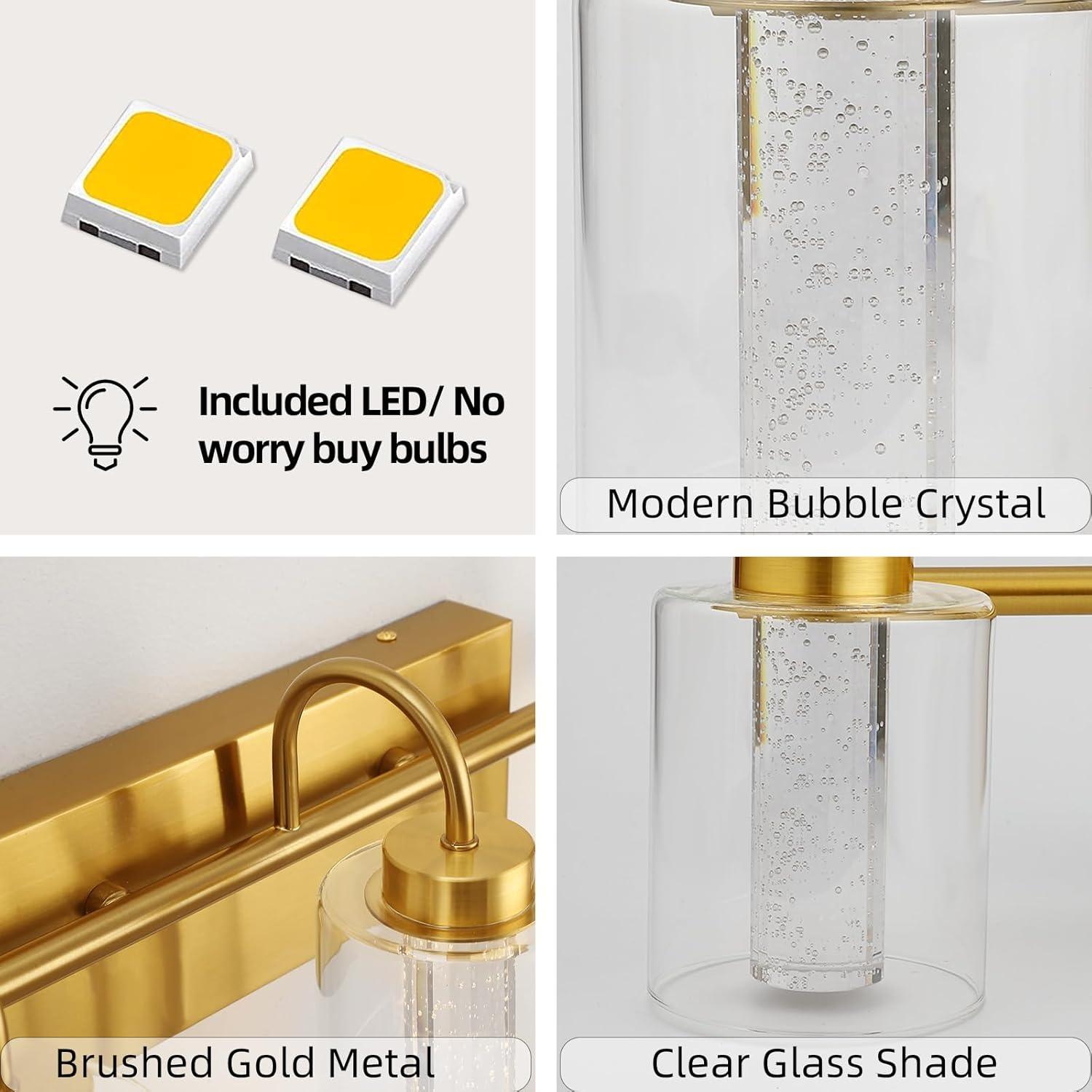 Litake 5 Light Brushed Gold Vanity Lights, Bathroom Light Fixtures Crystal Bubble Glass Dimmable 3 Color Temperatures Modern Wall Sconce for Bathroom Hallway Kitchen Bedroom Living Room