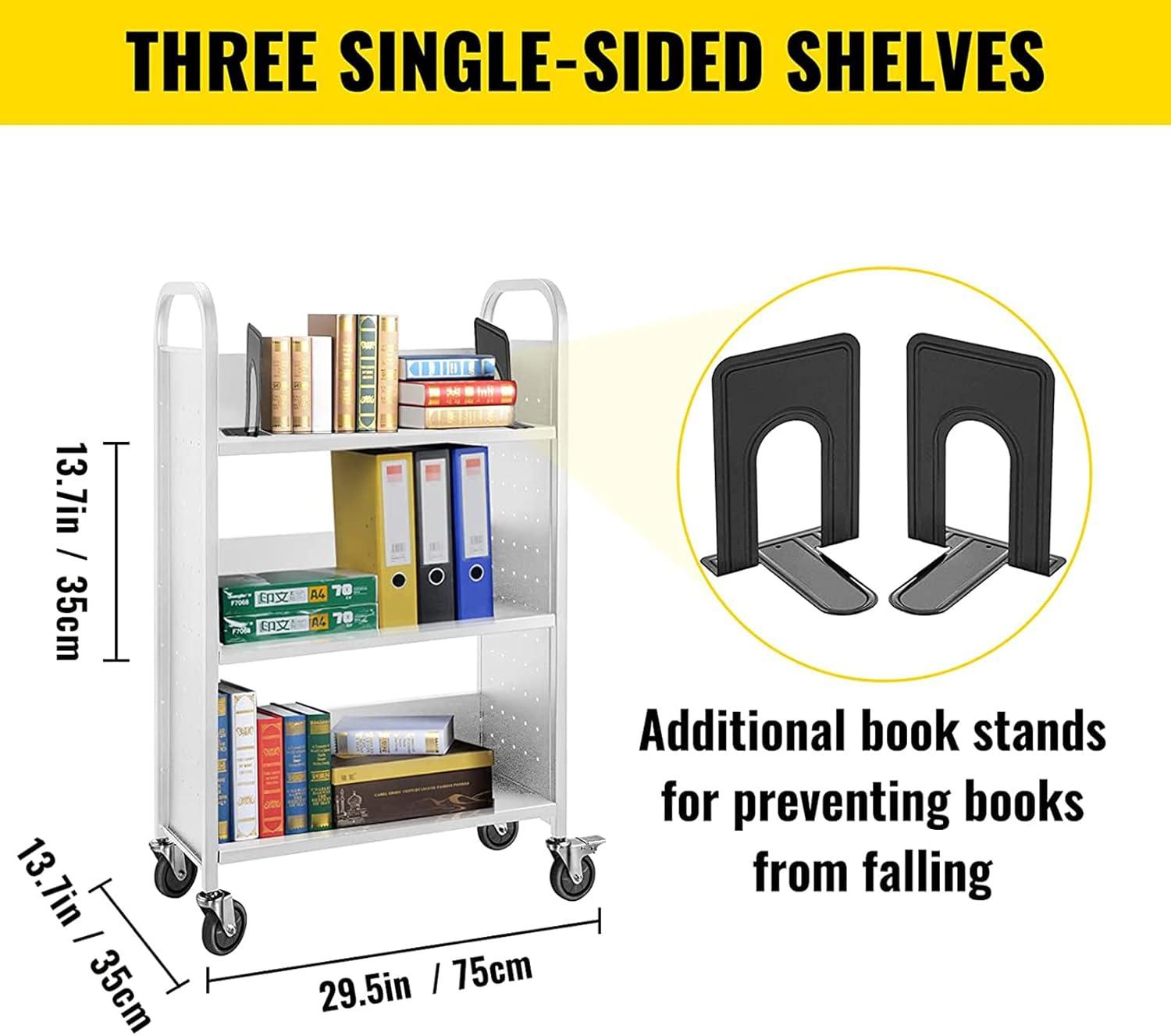 Book Cart, 200LBS Library Cart, 49.2''x29.5''x13.8'' Rolling Book Cart, Single Sided L-Shaped Flat Shelves with Lockable Wheels for Home Shelves Office School Book Truck White